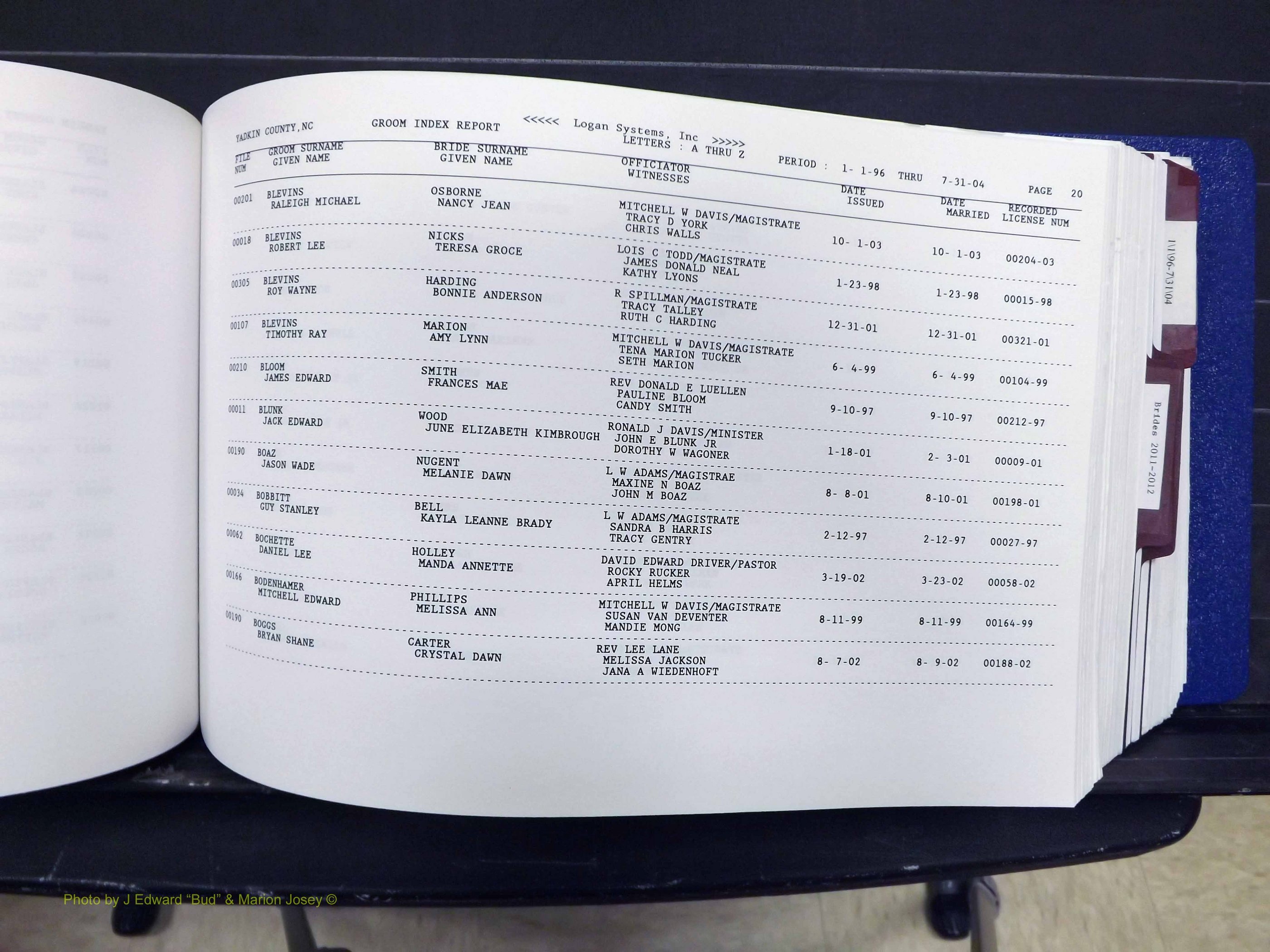 Yadkin Co, NC, Marriages, Male & Female, 1996-2012 (199) .JPG