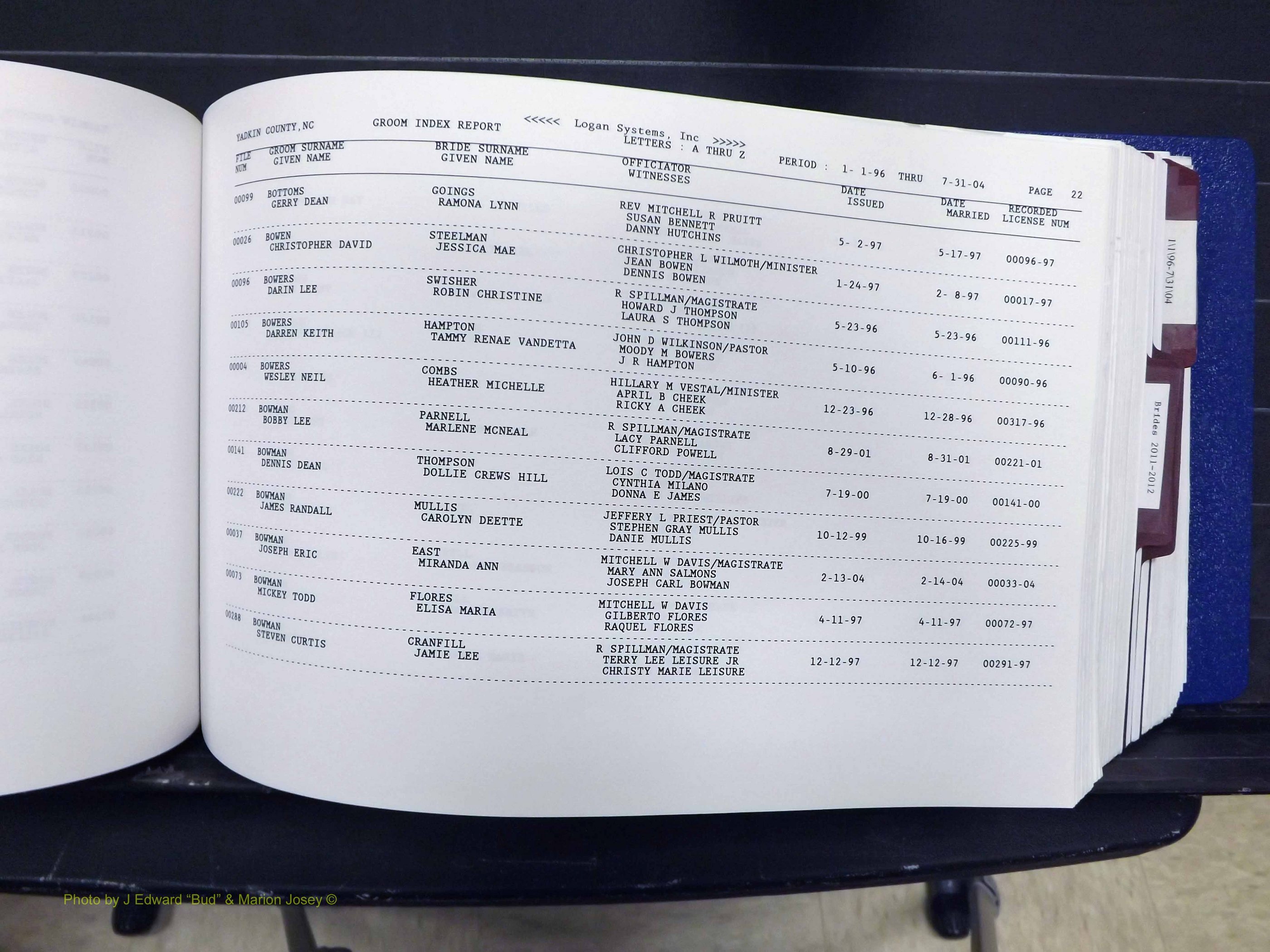 Yadkin Co, NC, Marriages, Male & Female, 1996-2012 (201) .JPG