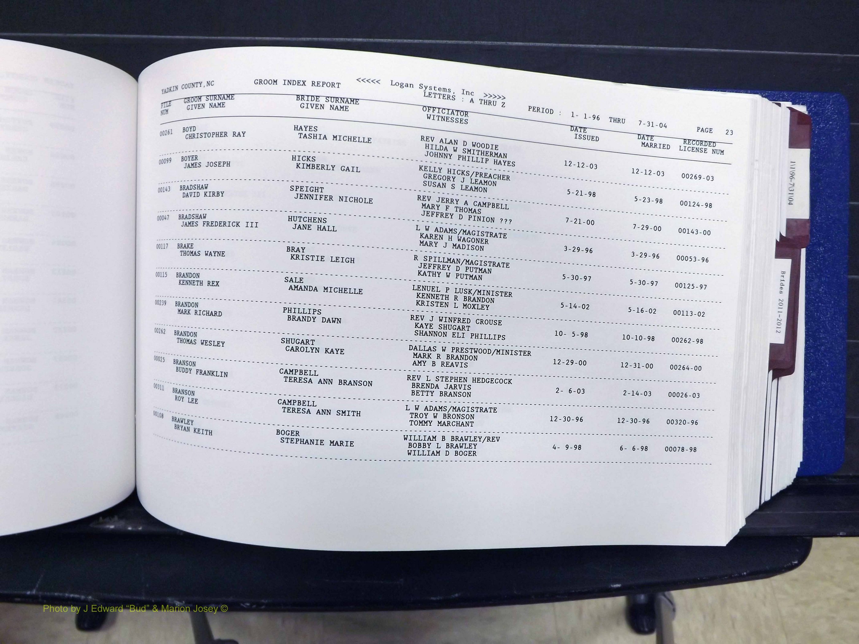 Yadkin Co, NC, Marriages, Male & Female, 1996-2012 (202) .JPG