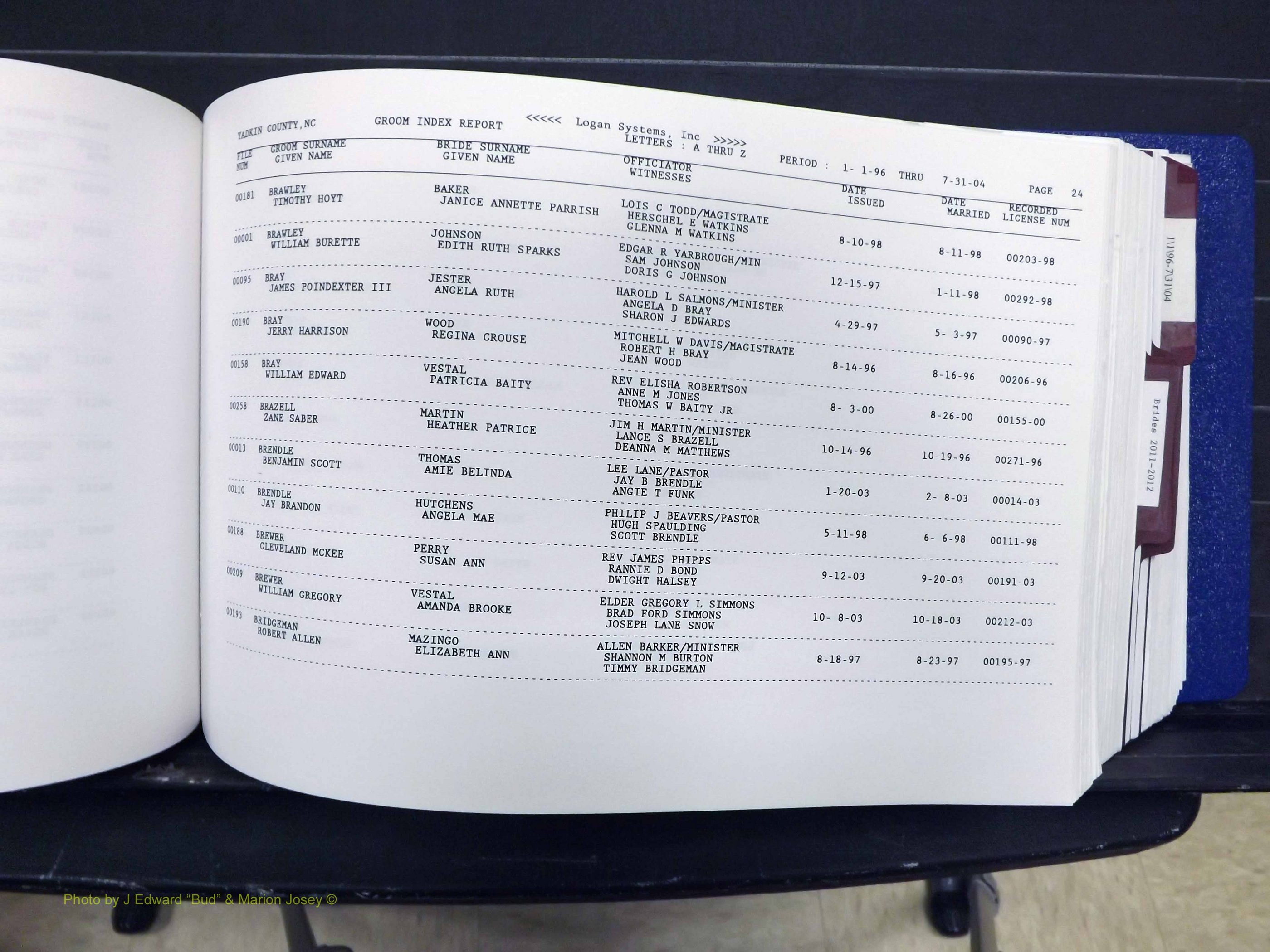 Yadkin Co, NC, Marriages, Male & Female, 1996-2012 (203) .JPG