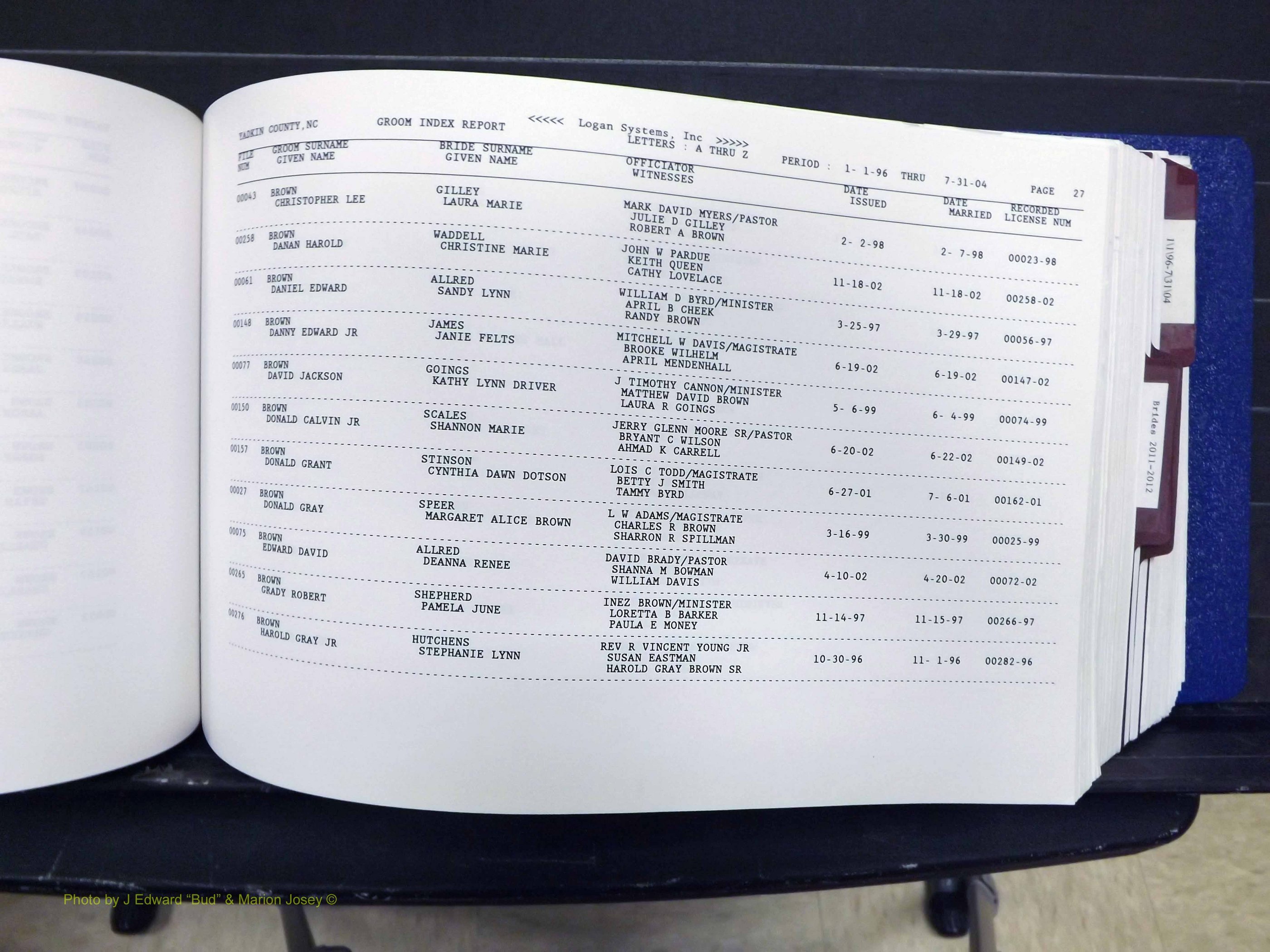 Yadkin Co, NC, Marriages, Male & Female, 1996-2012 (206) .JPG