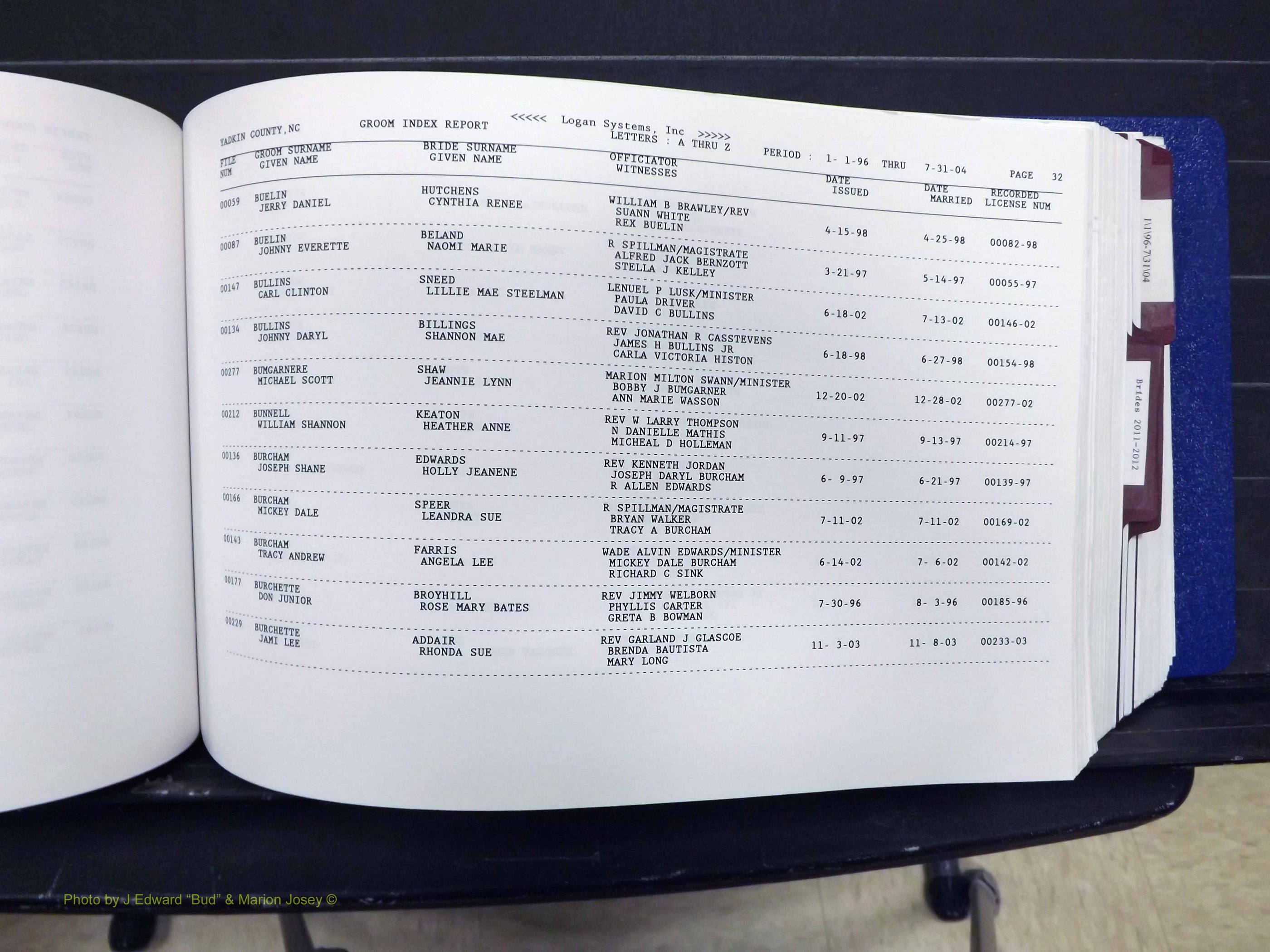 Yadkin Co, NC, Marriages, Male & Female, 1996-2012 (211) .JPG