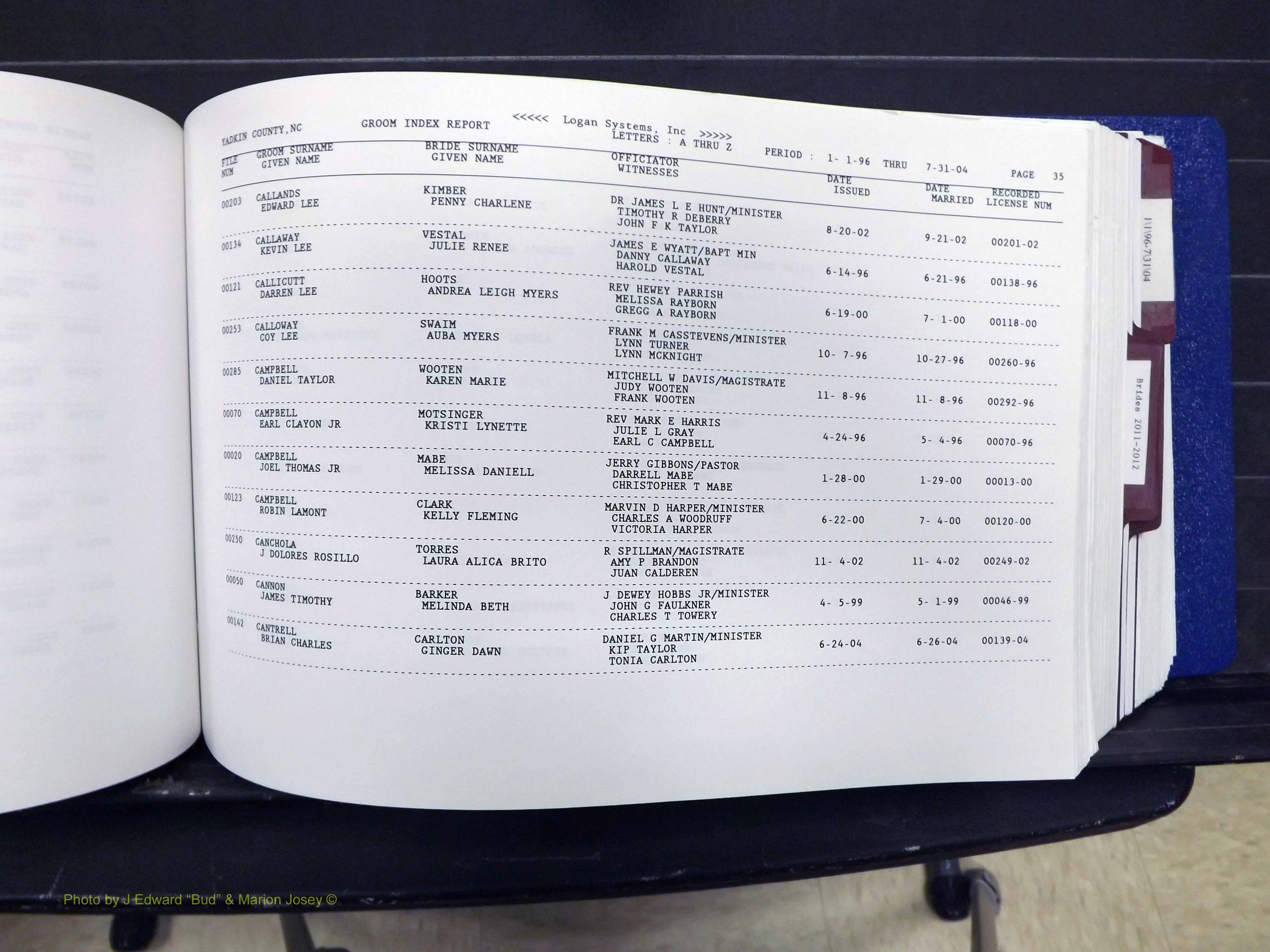 Yadkin Co, NC, Marriages, Male & Female, 1996-2012 (214) .JPG