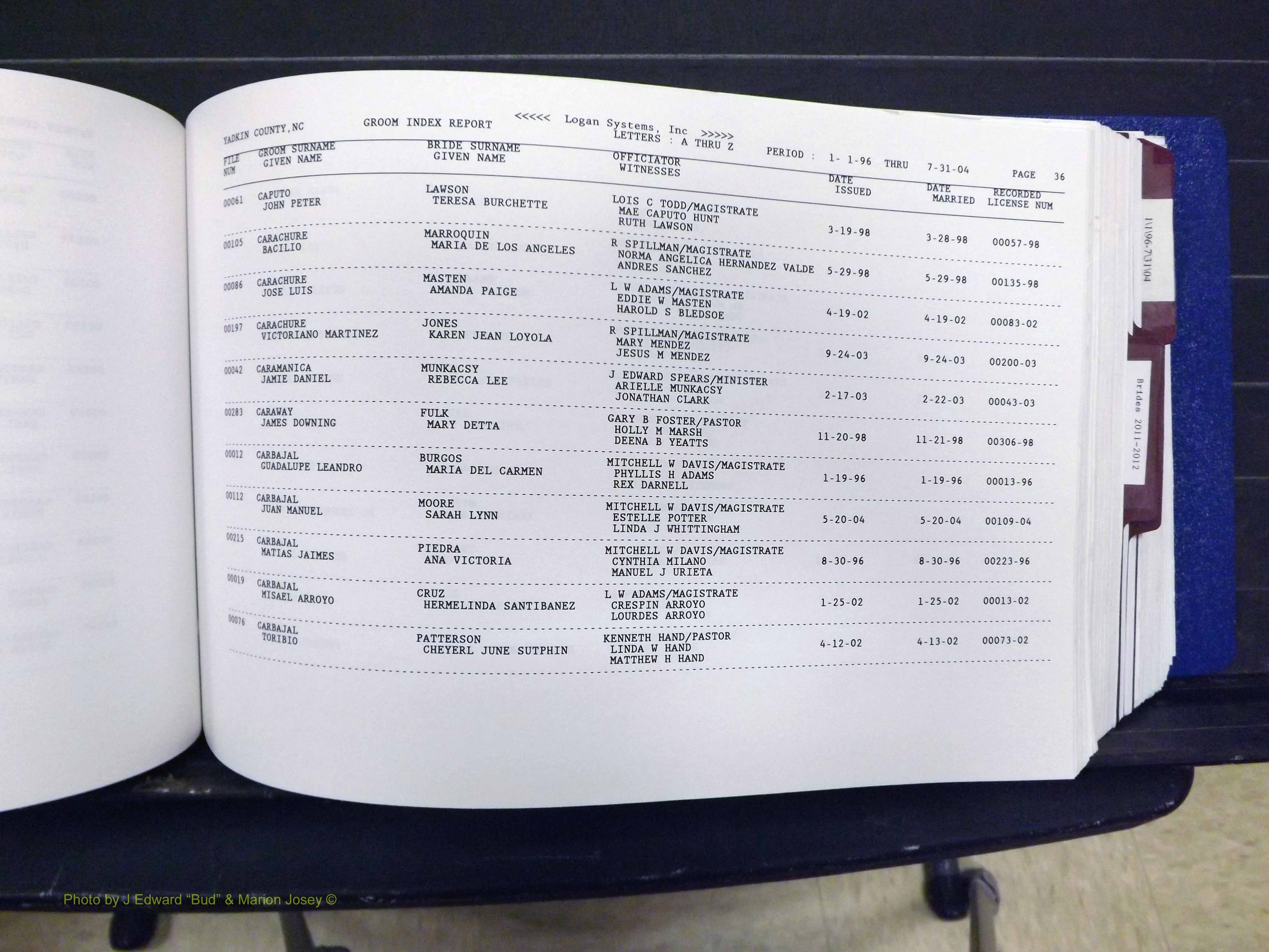Yadkin Co, NC, Marriages, Male & Female, 1996-2012 (215) .JPG