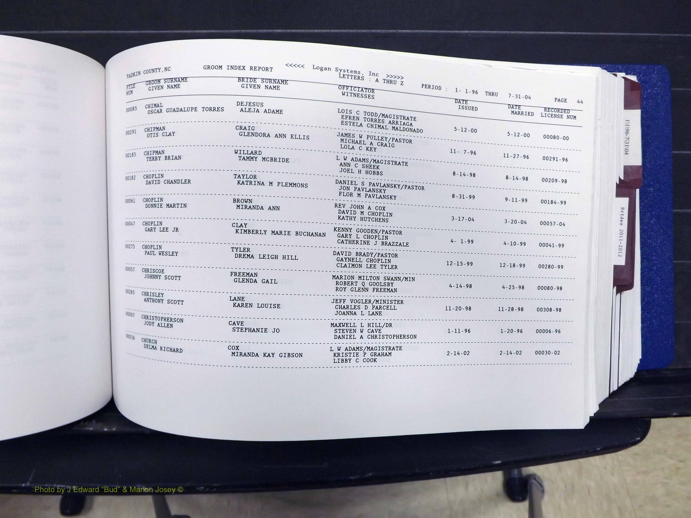Yadkin Co, NC, Marriages, Male & Female, 1996-2012 (223) .JPG