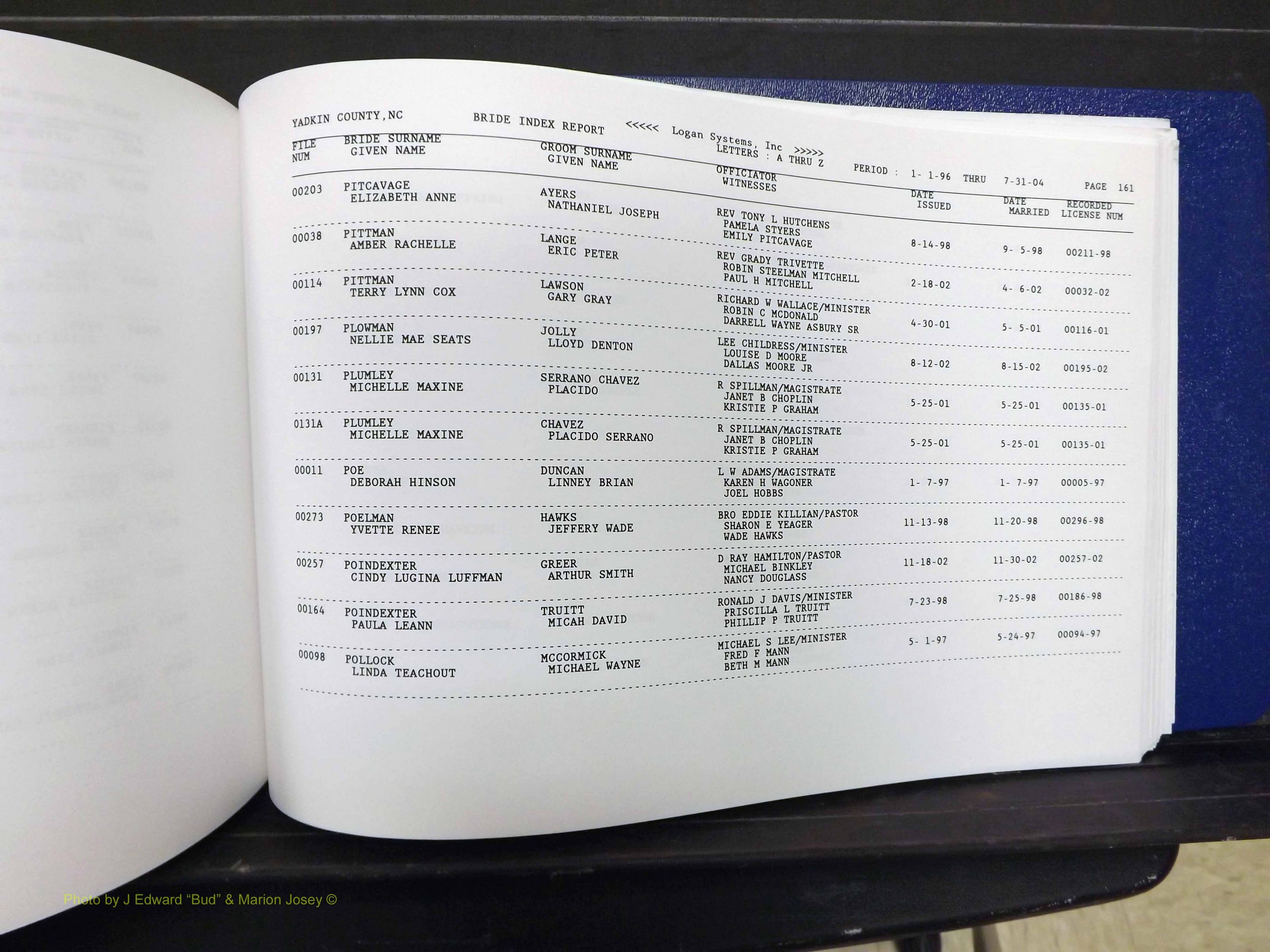 Yadkin Co, NC, Marriages, Male & Female, 1996-2012 (654) .JPG