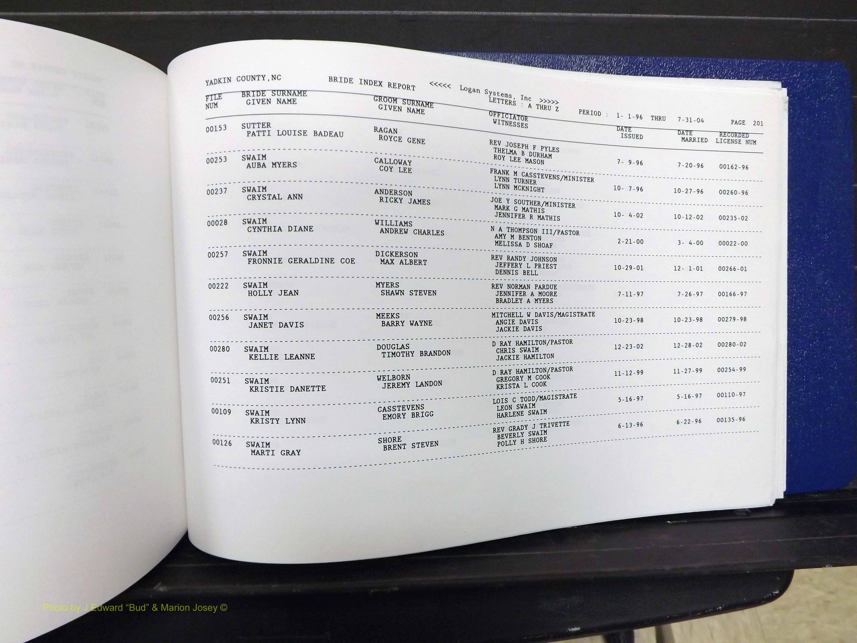 Yadkin Co, NC, Marriages, Male & Female, 1996-2012 (694) .JPG