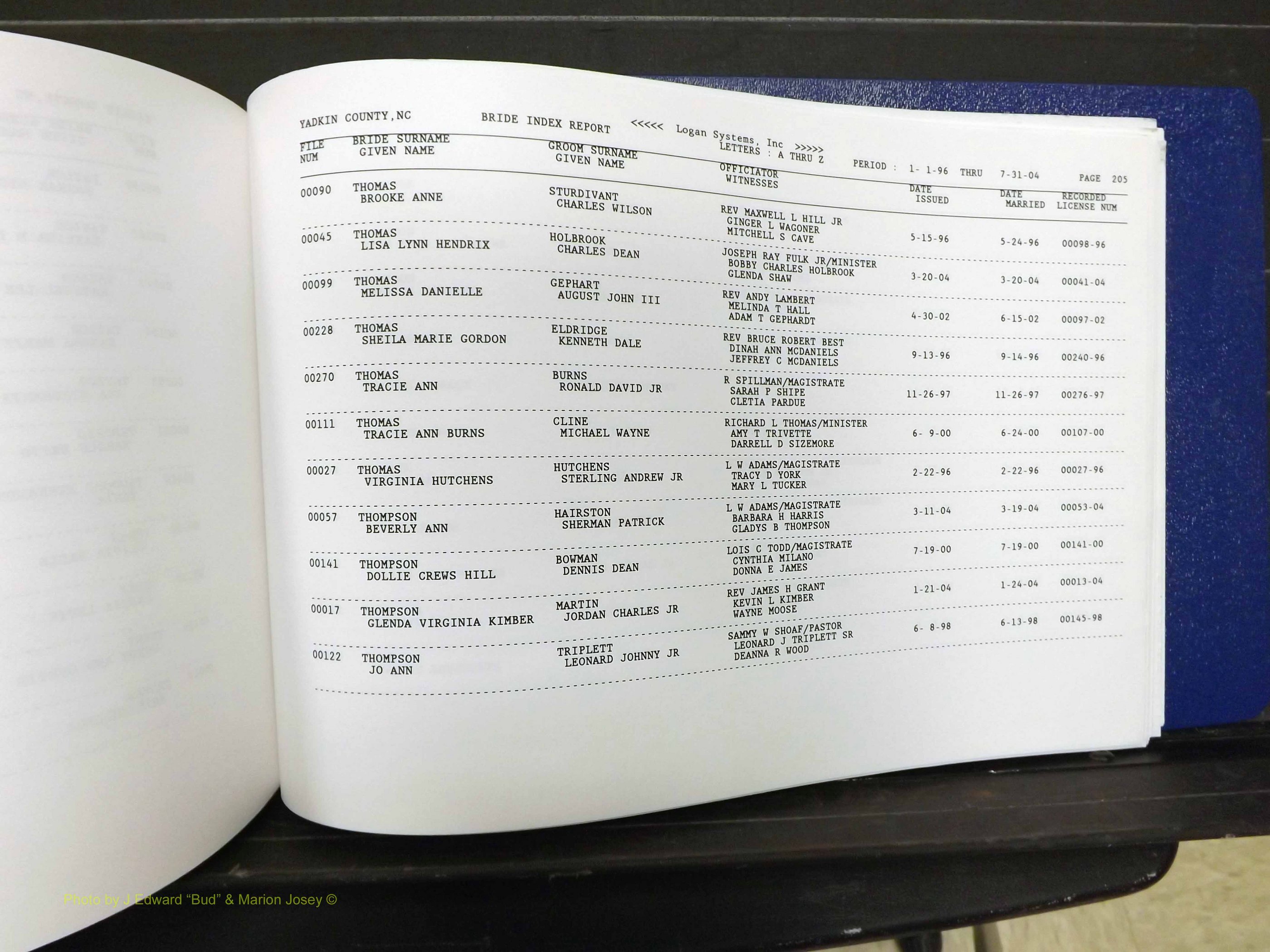Yadkin Co, NC, Marriages, Male & Female, 1996-2012 (698) .JPG