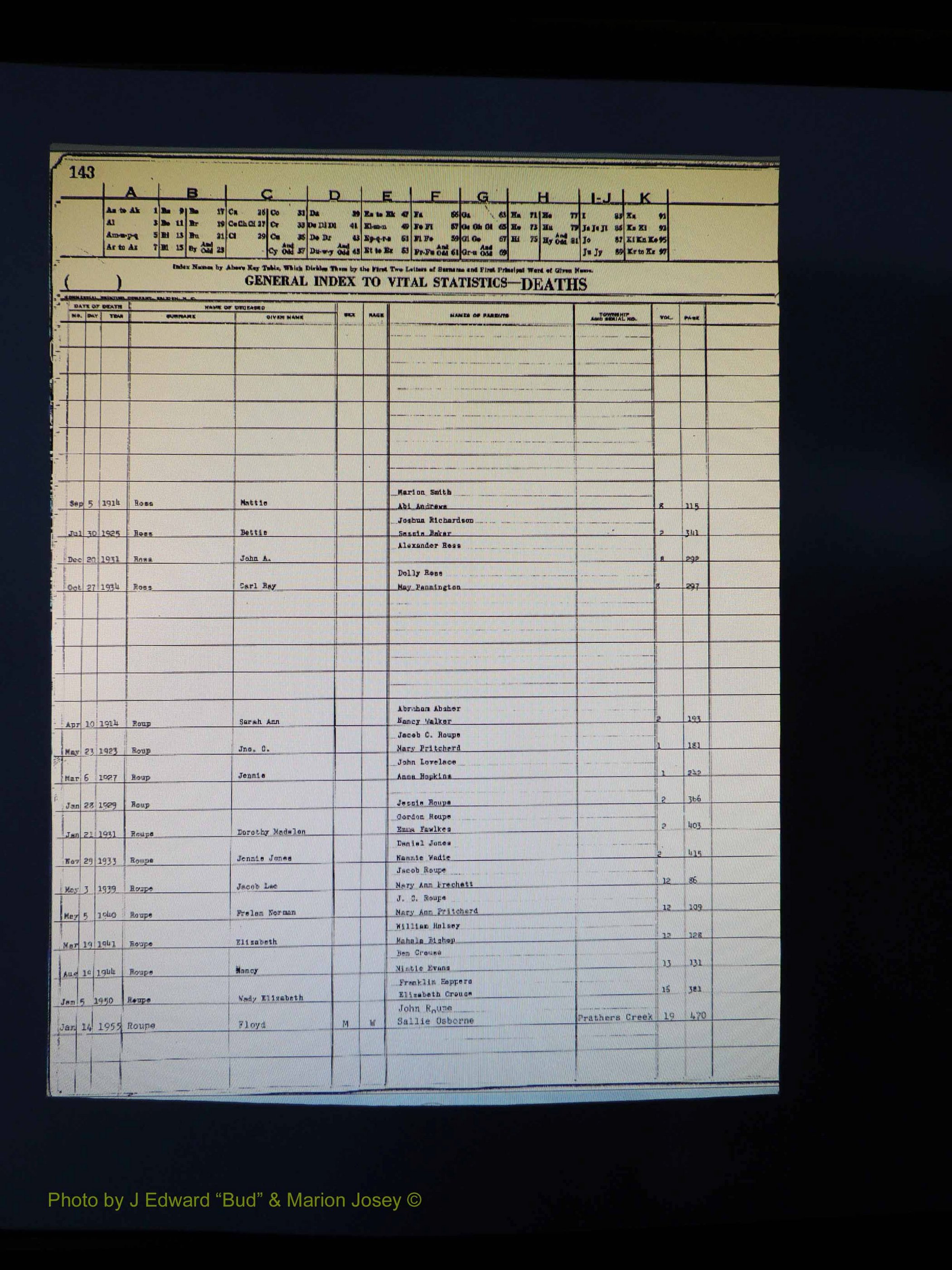 Alleghany Co, NC, Deaths Vol 1 188.JPG