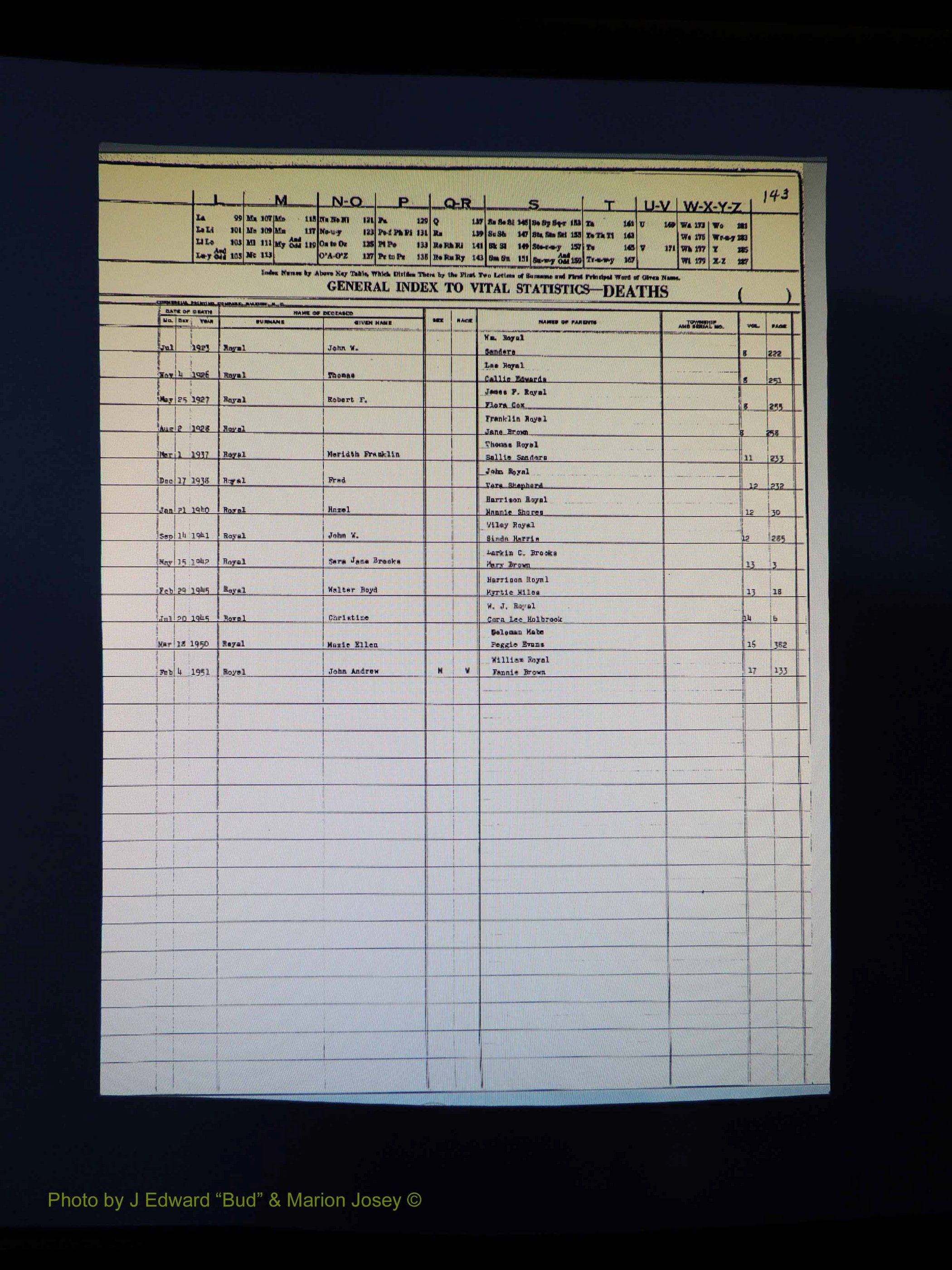 Alleghany Co, NC, Deaths Vol 1 189.JPG