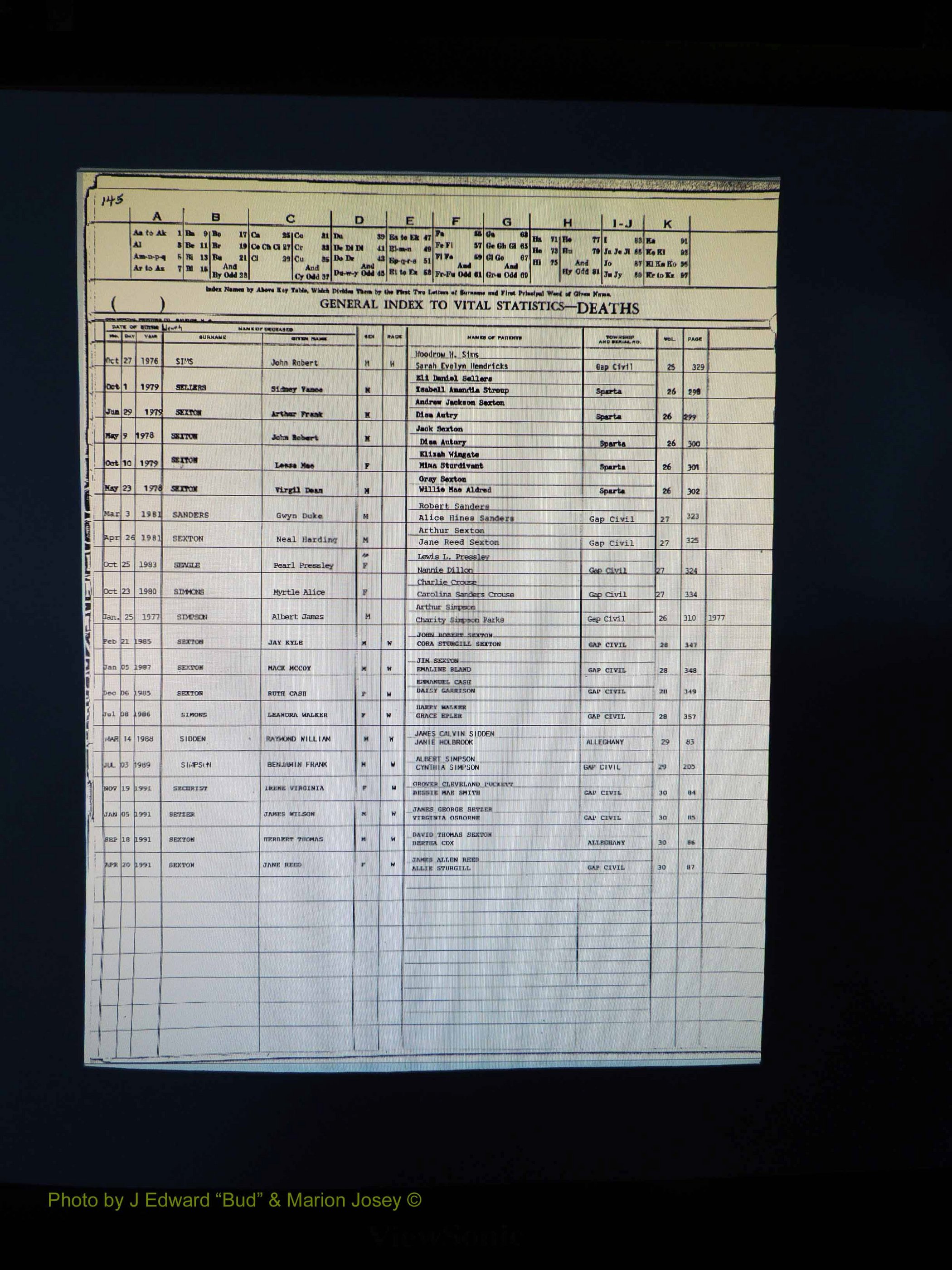 Alleghany Co, NC, Deaths, Vol 2 154.JPG