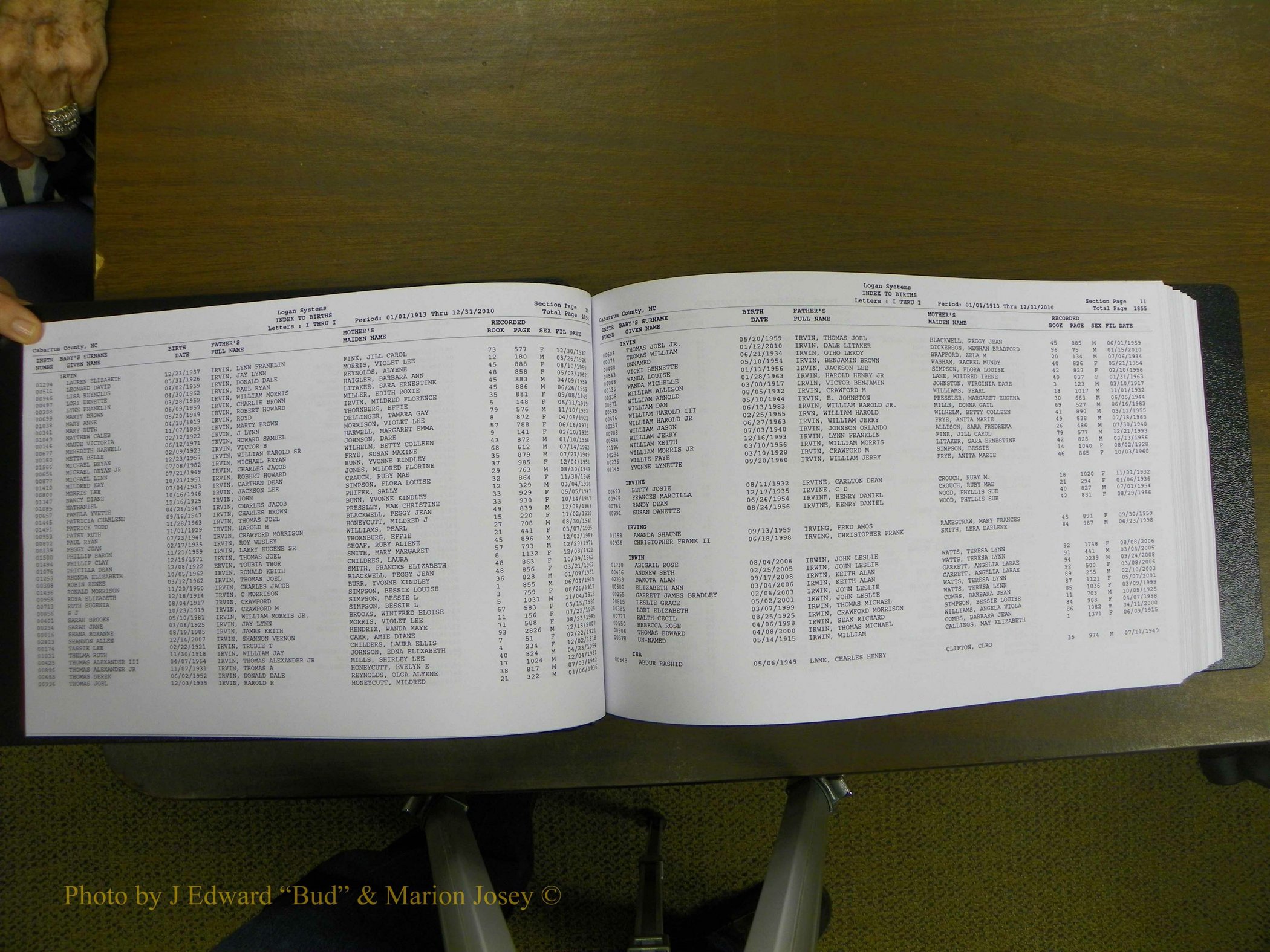 Cabarrus Births Index, I-M, 1913-2010 007.JPG