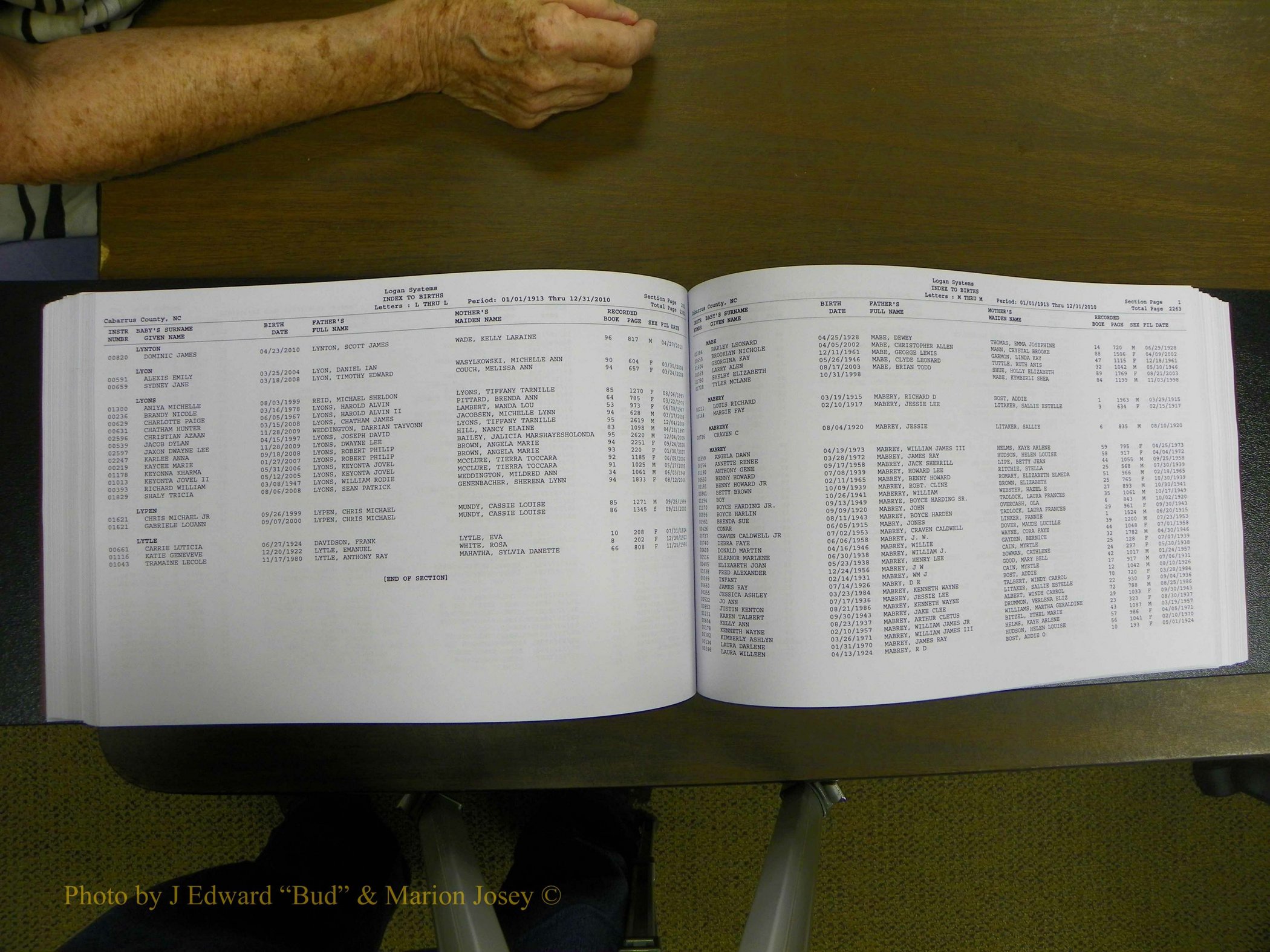 Cabarrus Births Index, I-M, 1913-2010 212.JPG