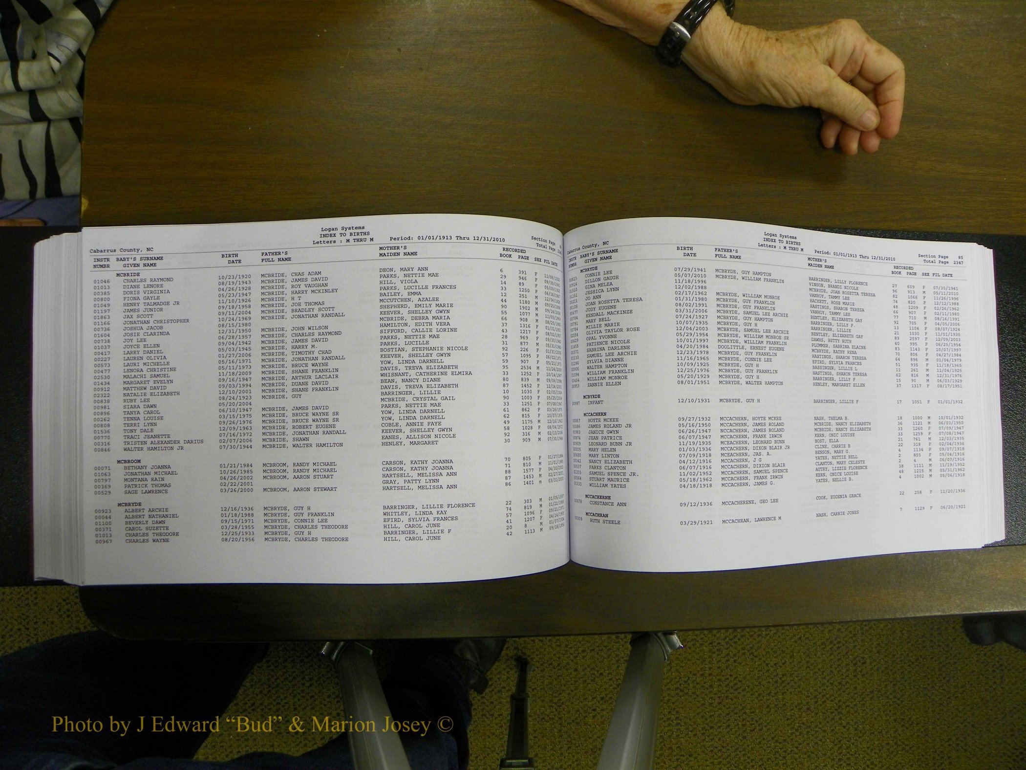 Cabarrus Births Index, I-M, 1913-2010 255.JPG