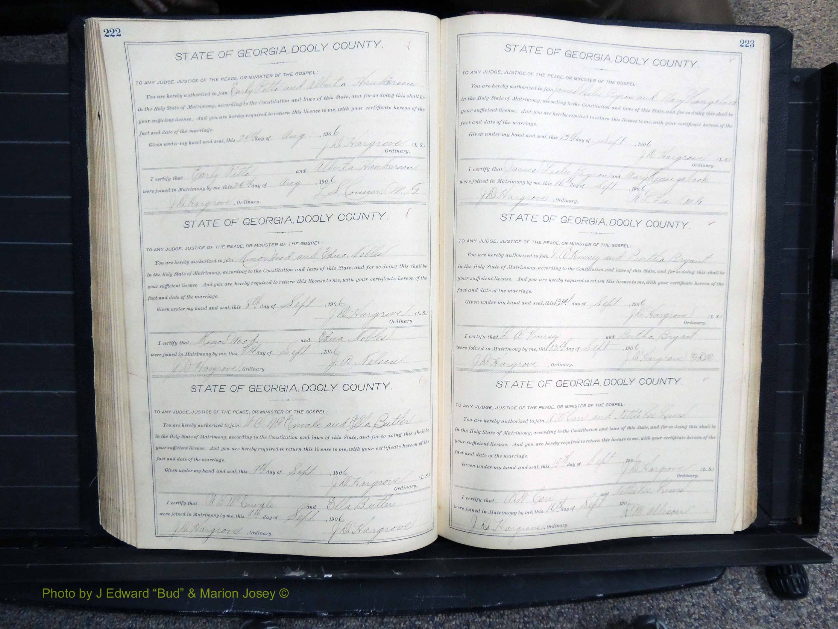 Dooly Co, GA, Marriages, Book, F, 1902-1913 pg 222-223.JPG