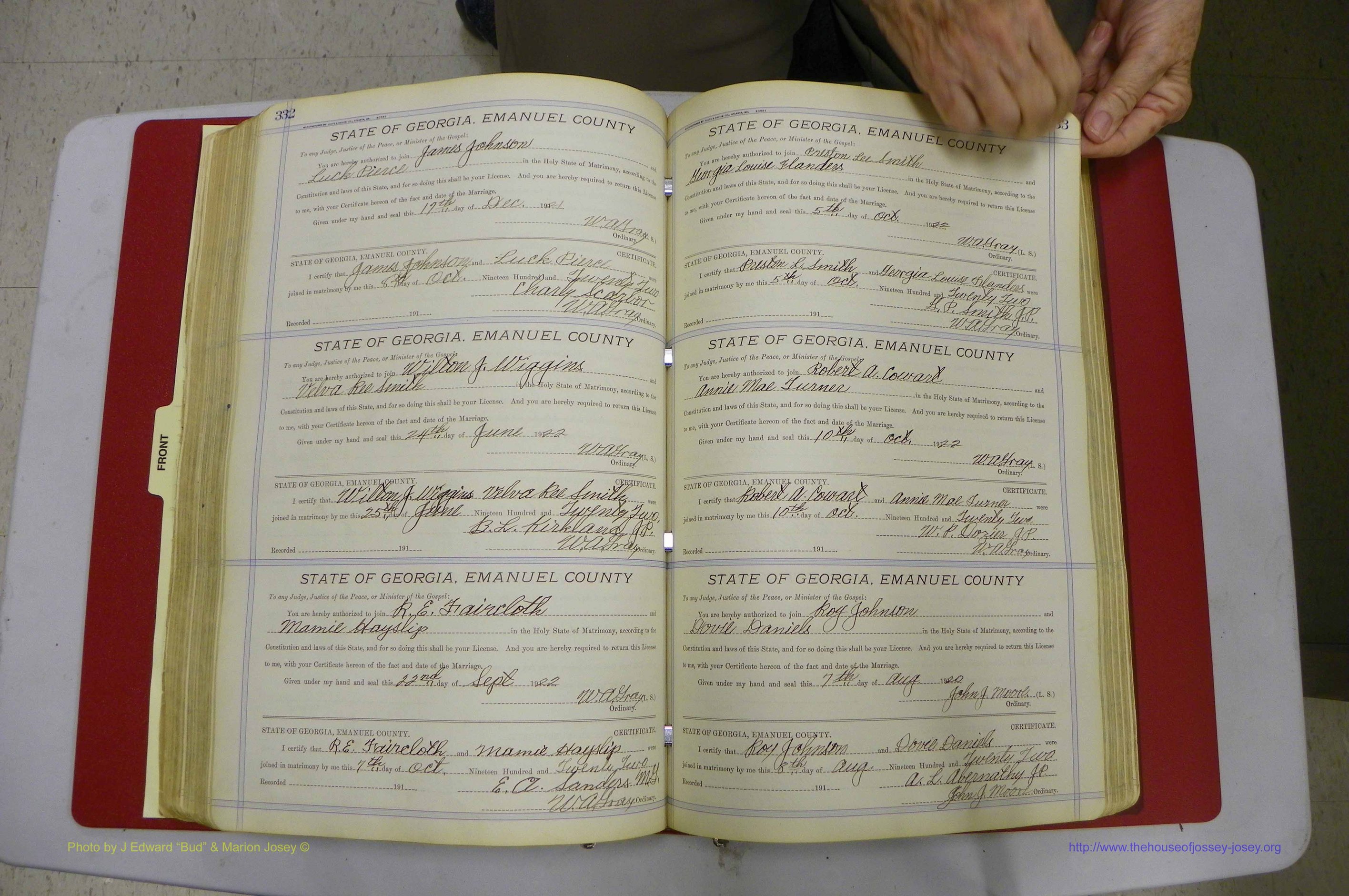 Emanuel Co, GA, Marriages Book E, 1915 - 1928, P 332-333.JPG