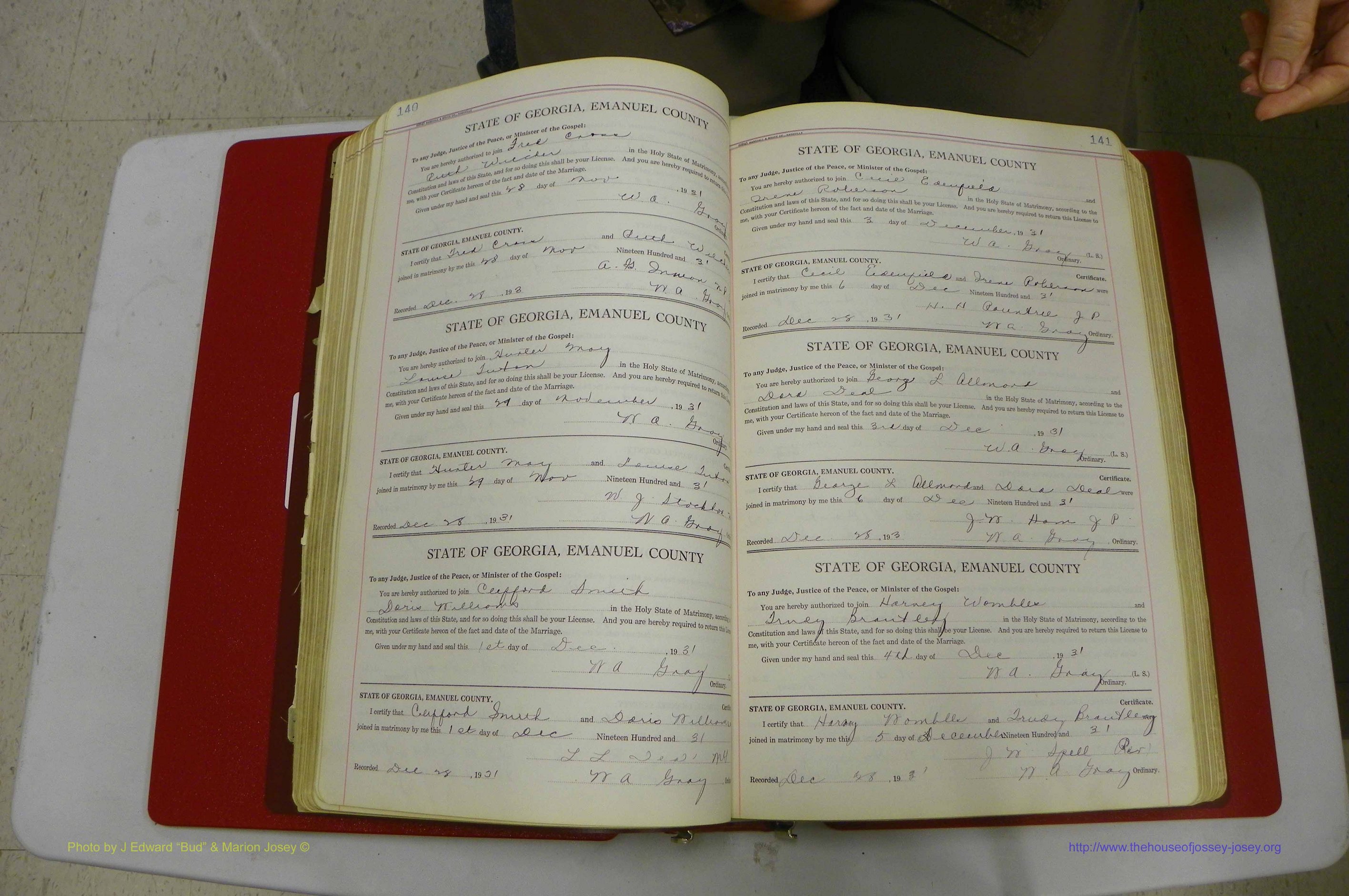 Emanuel Co, GA, Marriages Book G, 1928 - 1940, White, P 140-141.JPG
