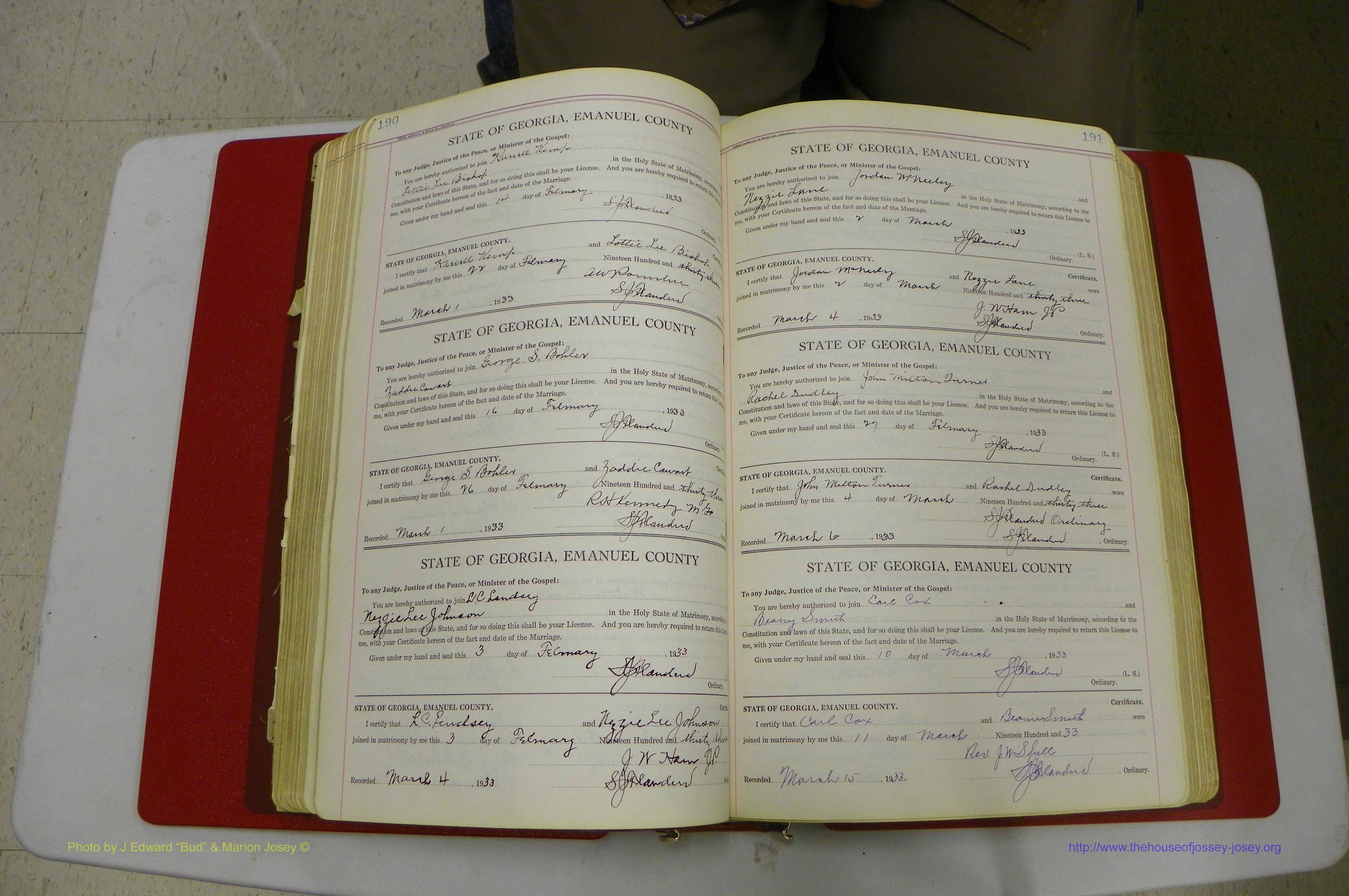 Emanuel Co, GA, Marriages Book G, 1928 - 1940, White, P 190-191.JPG