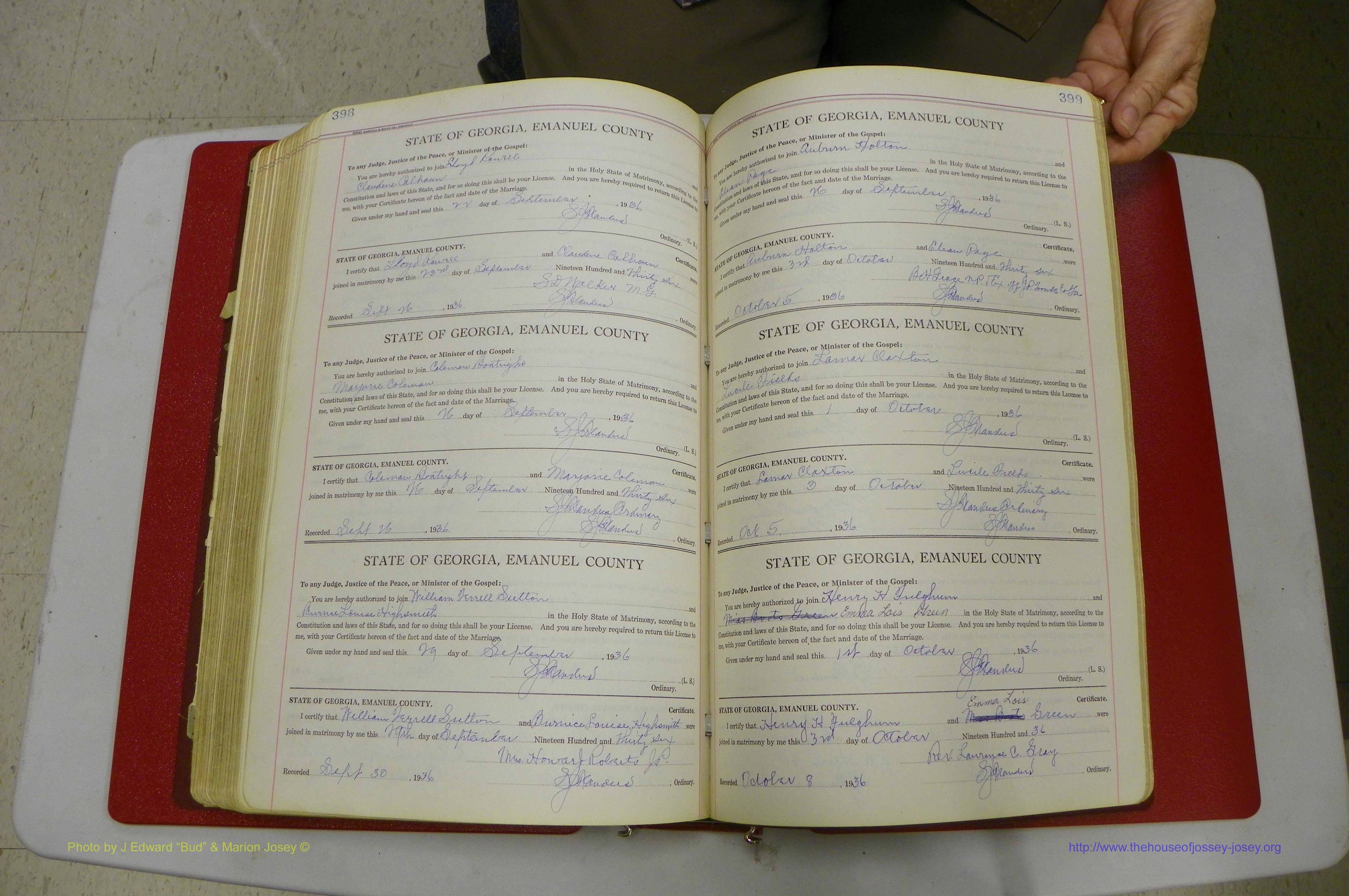 Emanuel Co, GA, Marriages Book G, 1928 - 1940, White, P 398-399.JPG