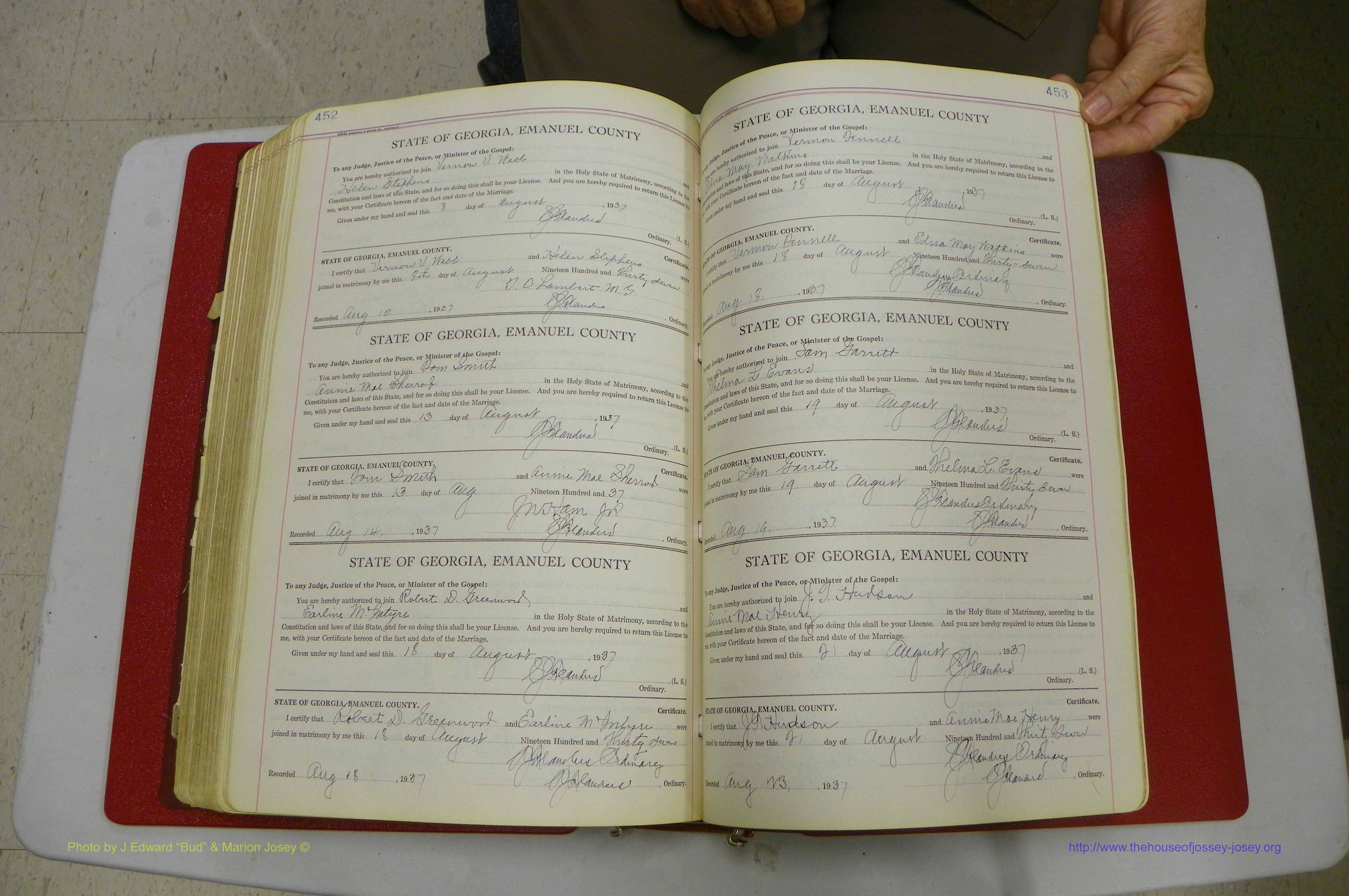 Emanuel Co, GA, Marriages Book G, 1928 - 1940, White, P 452-453.JPG