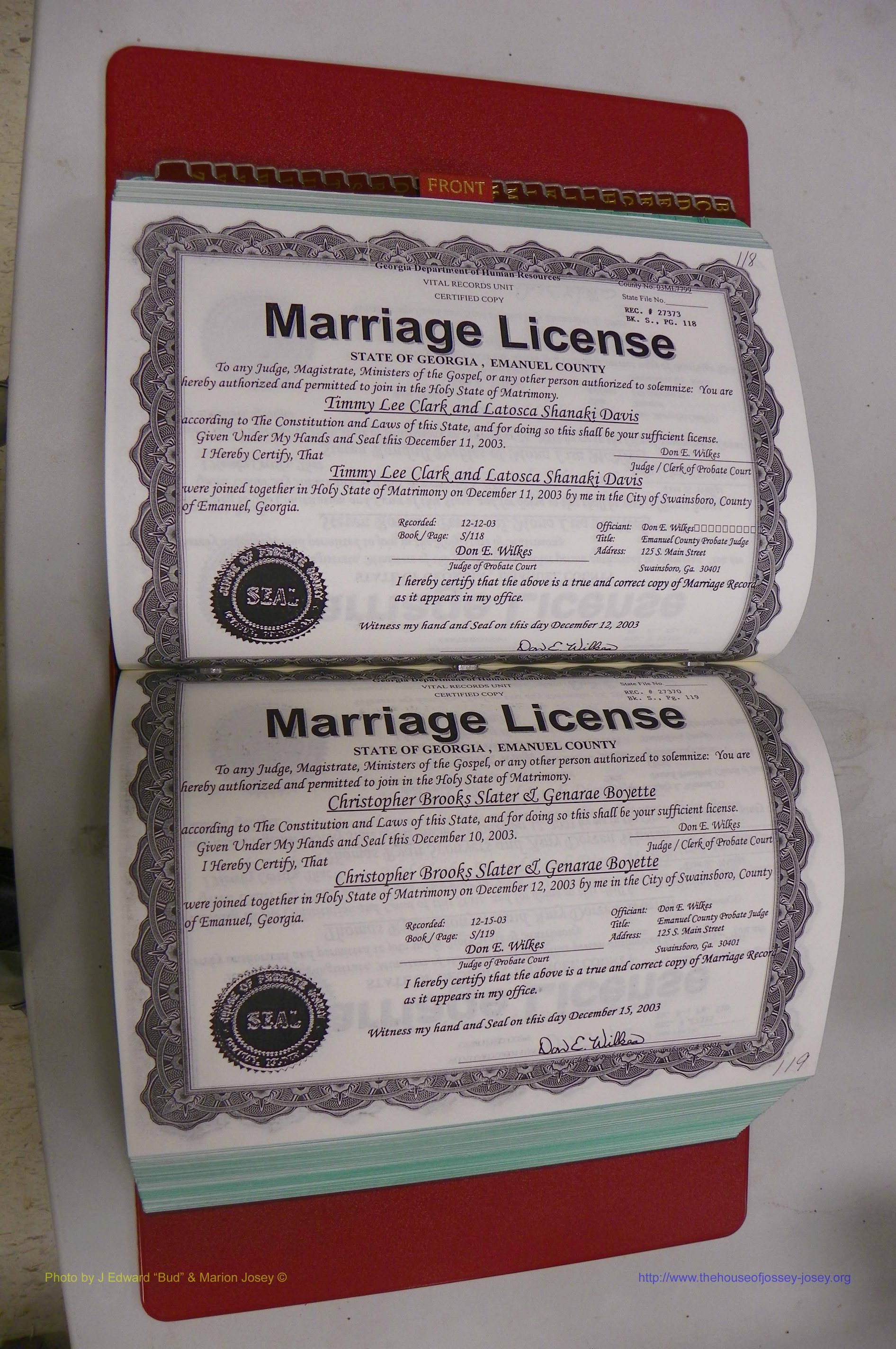 Emanuel Co, GA, Marriages Book S, 2003 - 2006, P 118-119.JPG