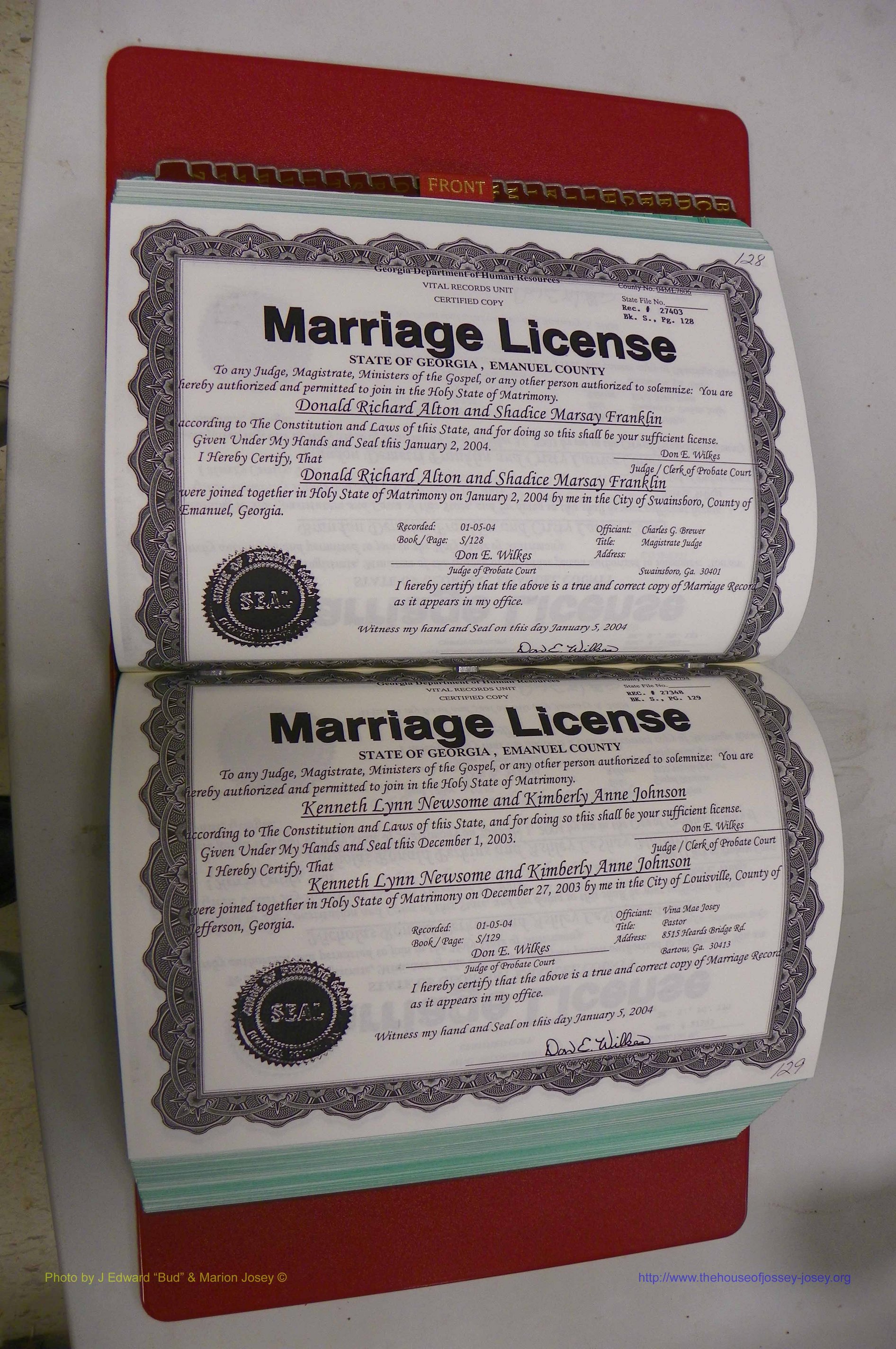 Emanuel Co, GA, Marriages Book S, 2003 - 2006, P 128-129.JPG