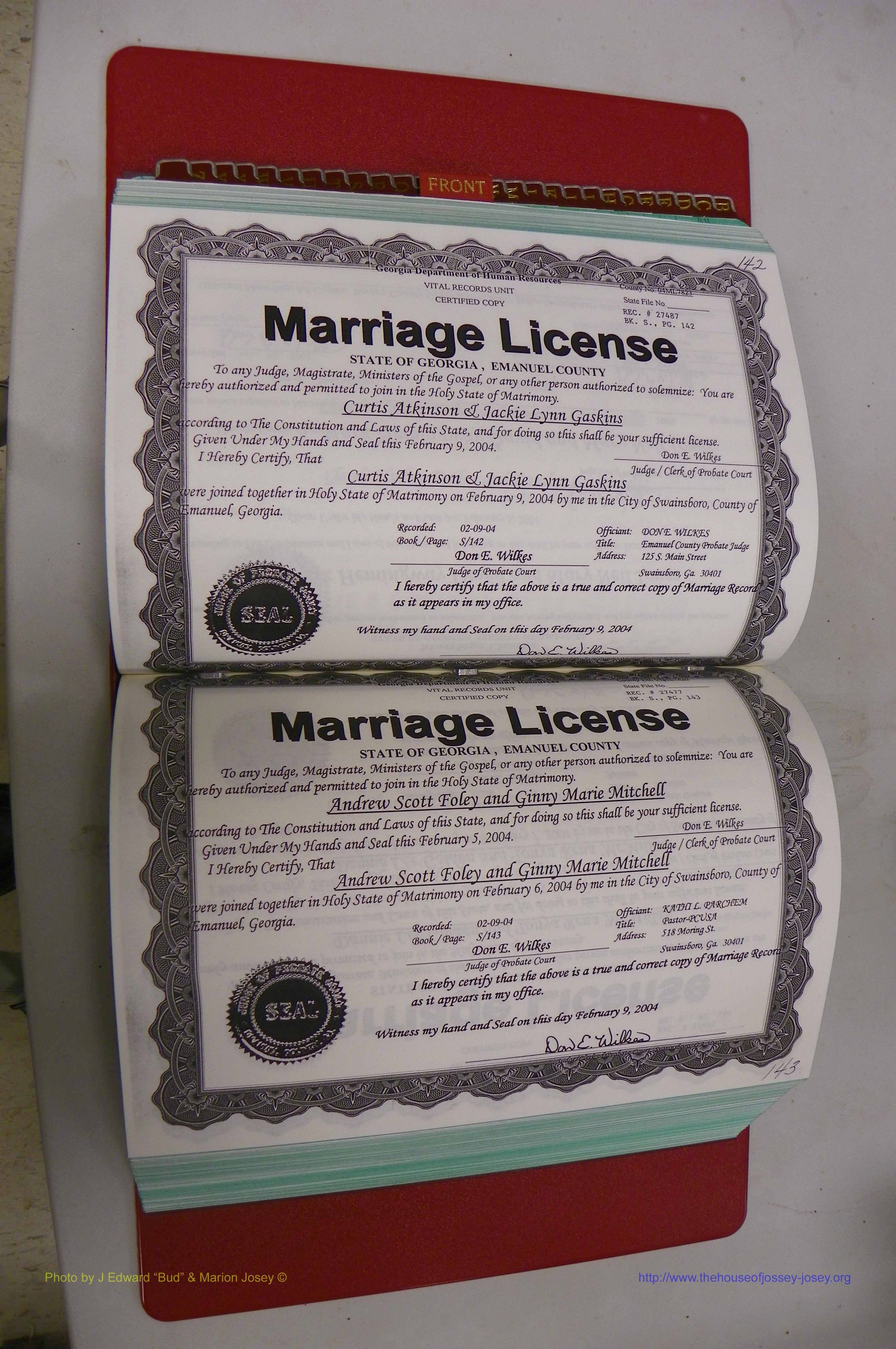 Emanuel Co, GA, Marriages Book S, 2003 - 2006, P 142-143.JPG