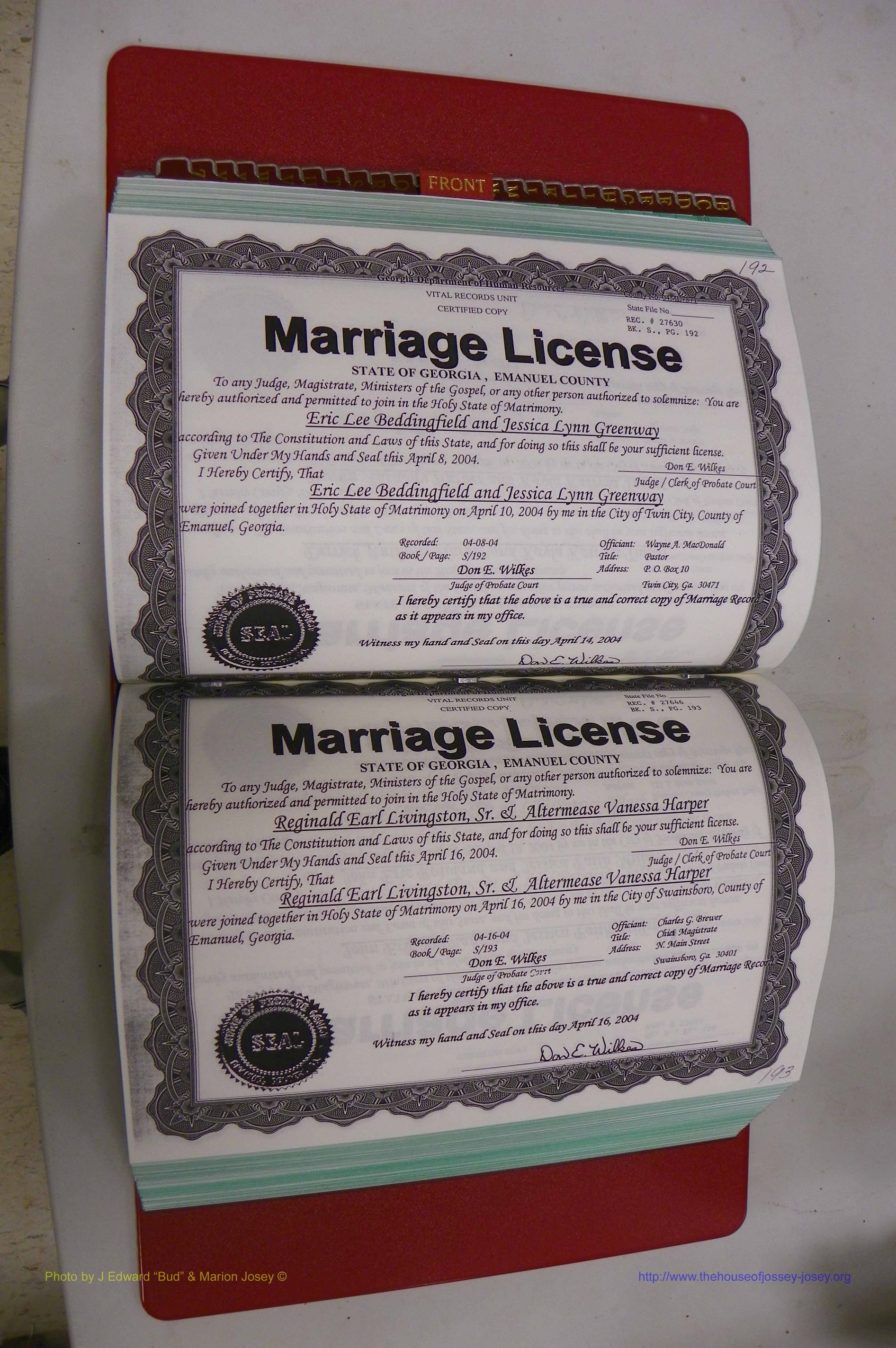 Emanuel Co, GA, Marriages Book S, 2003 - 2006, P 192-193.JPG