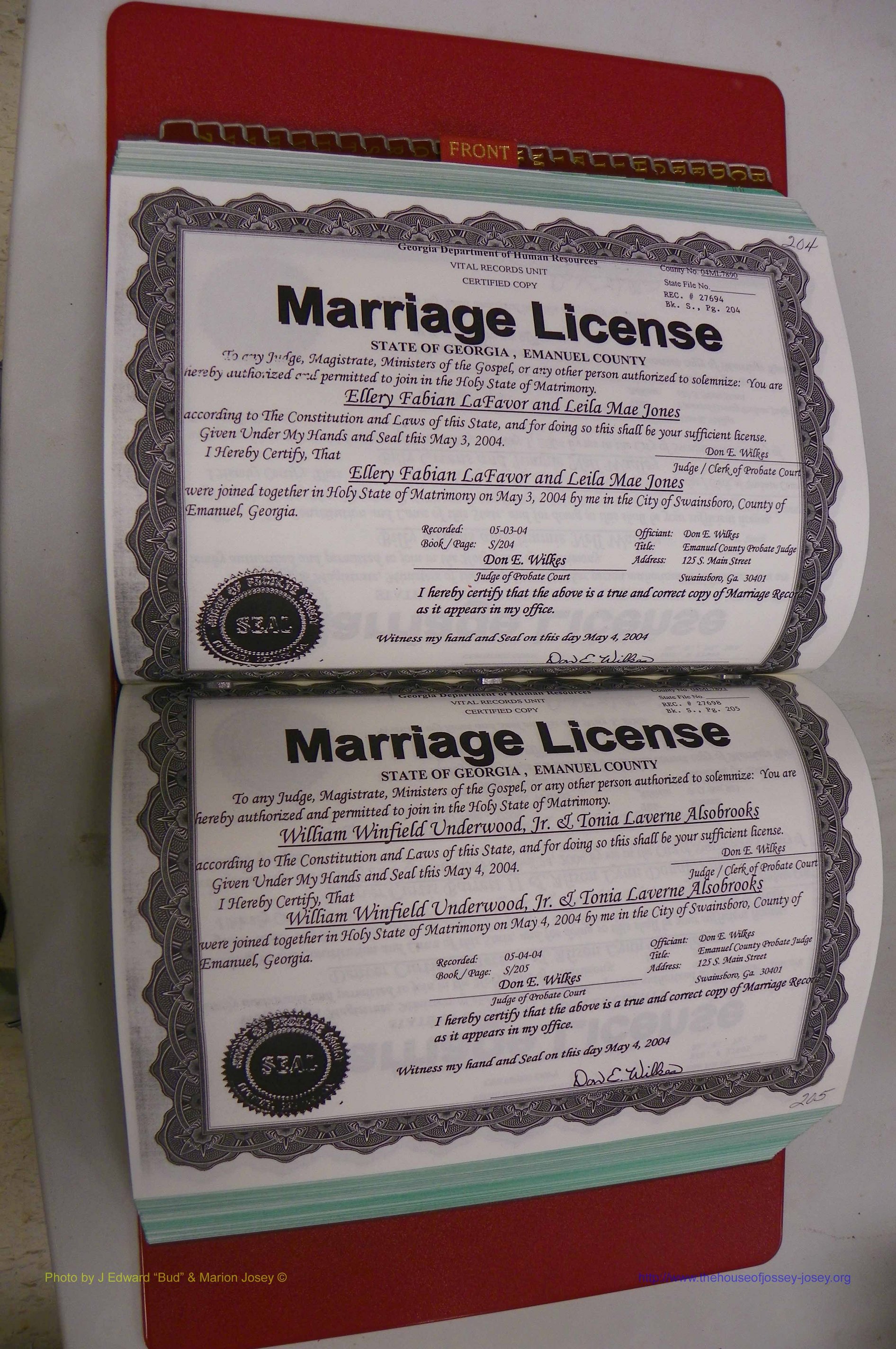 Emanuel Co, GA, Marriages Book S, 2003 - 2006, P 204-205.JPG