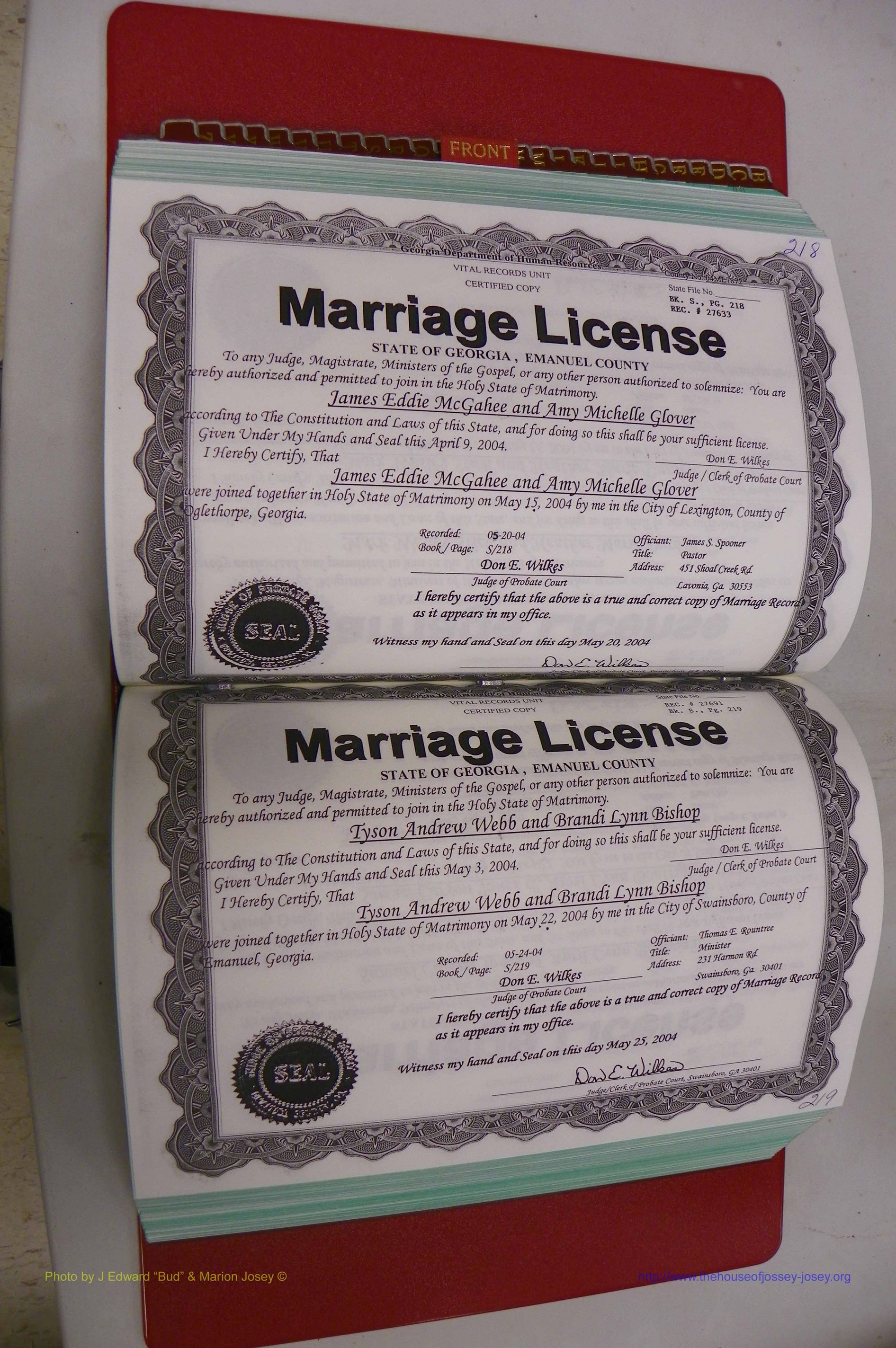 Emanuel Co, GA, Marriages Book S, 2003 - 2006, P 218-219.JPG