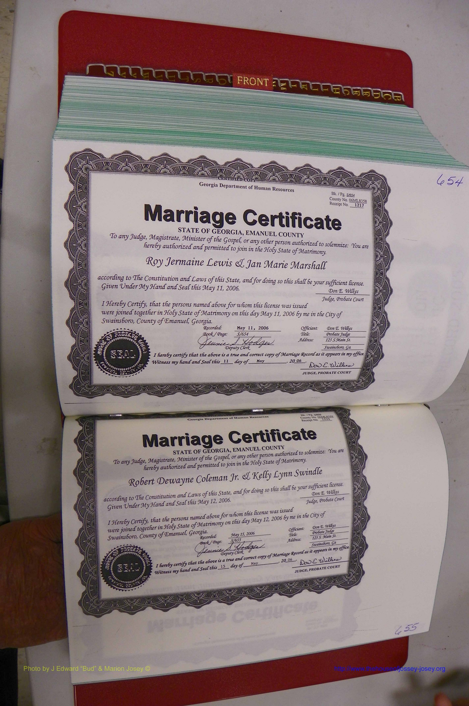 Emanuel Co, GA, Marriages Book S, 2003 - 2006, P 654-655.JPG