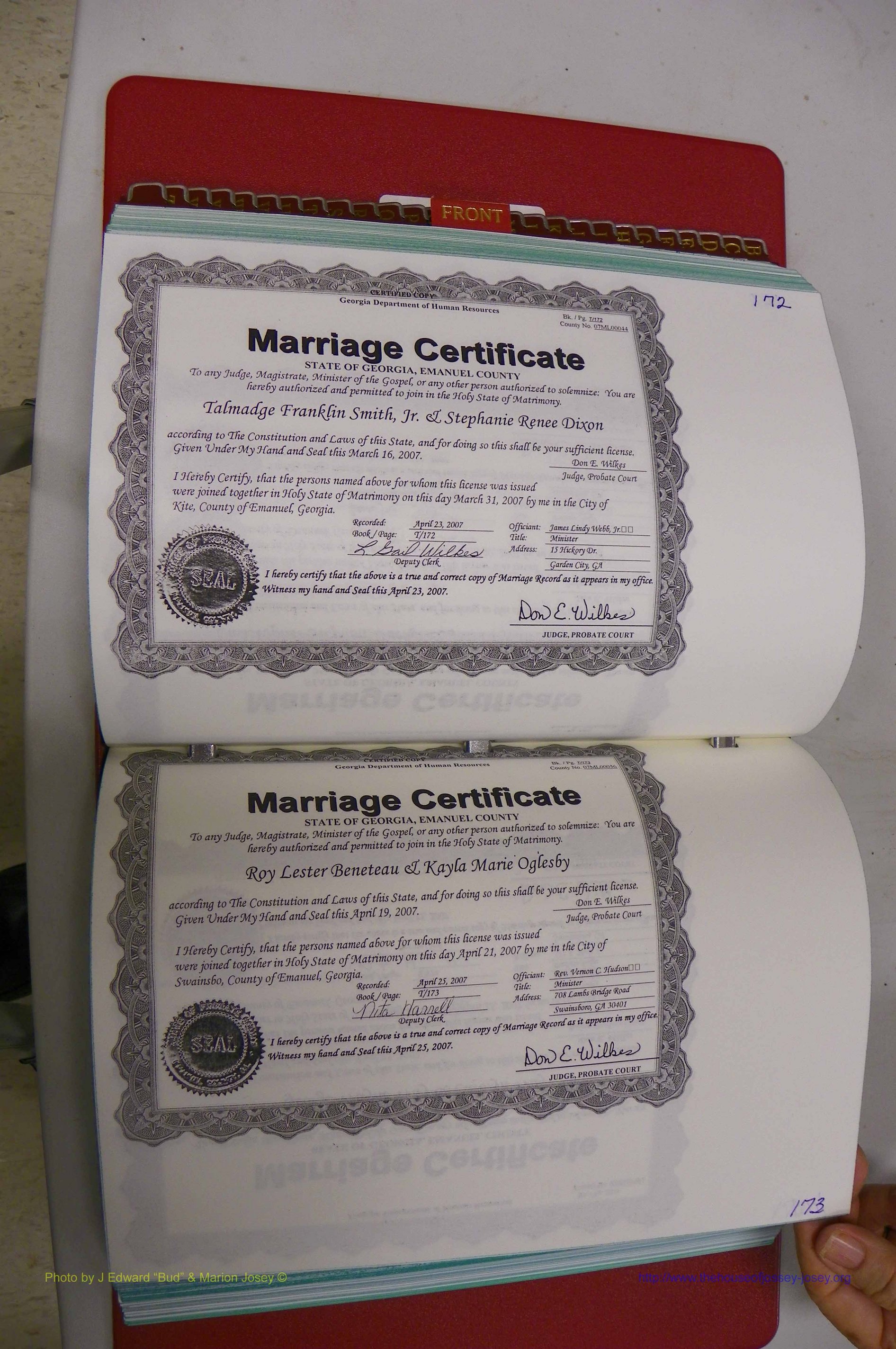 Emanuel Co, GA, Marriages Book T, 2006 - 2009, P 172-173.JPG