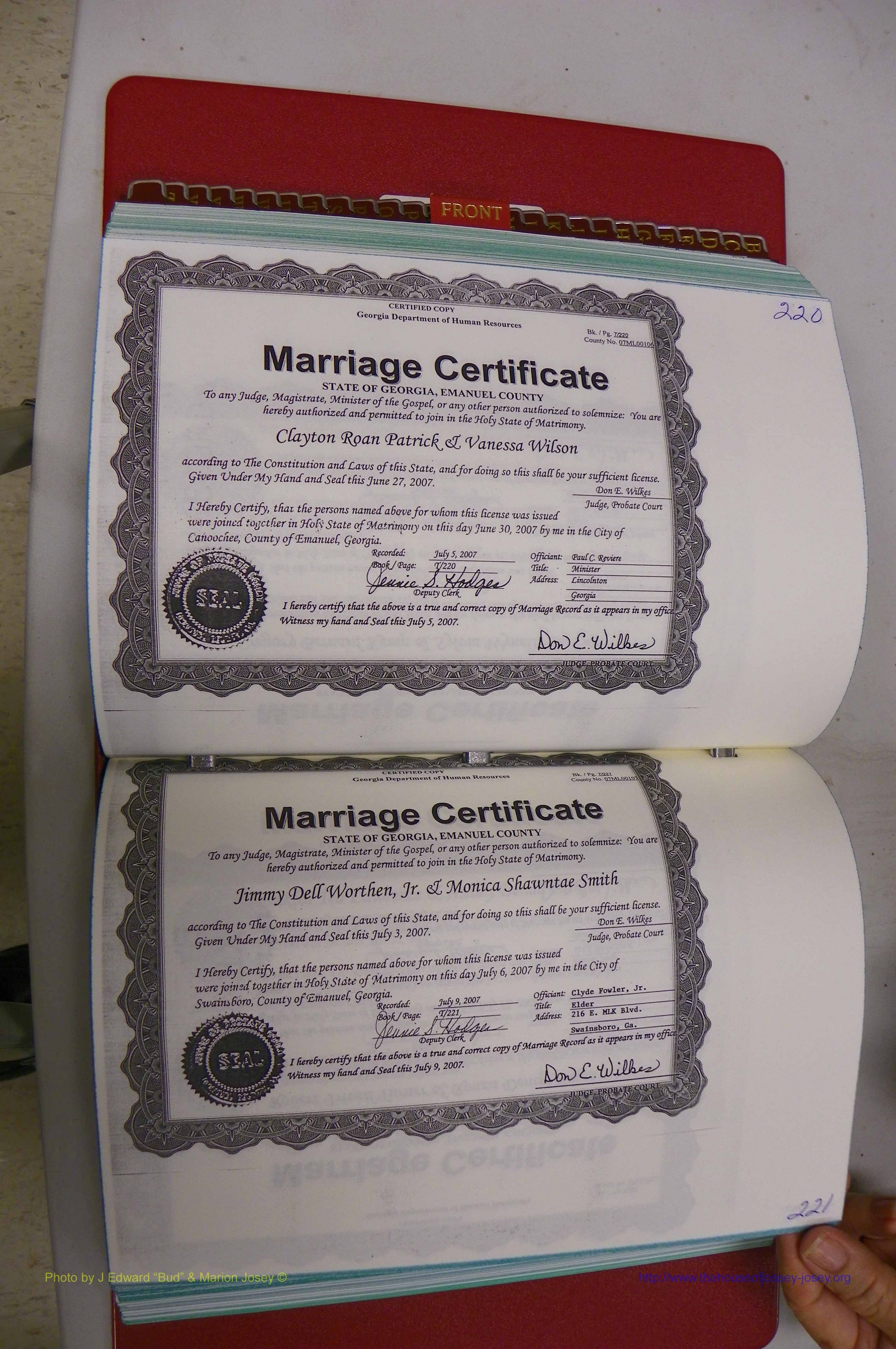 Emanuel Co, GA, Marriages Book T, 2006 - 2009, P 220-221.JPG