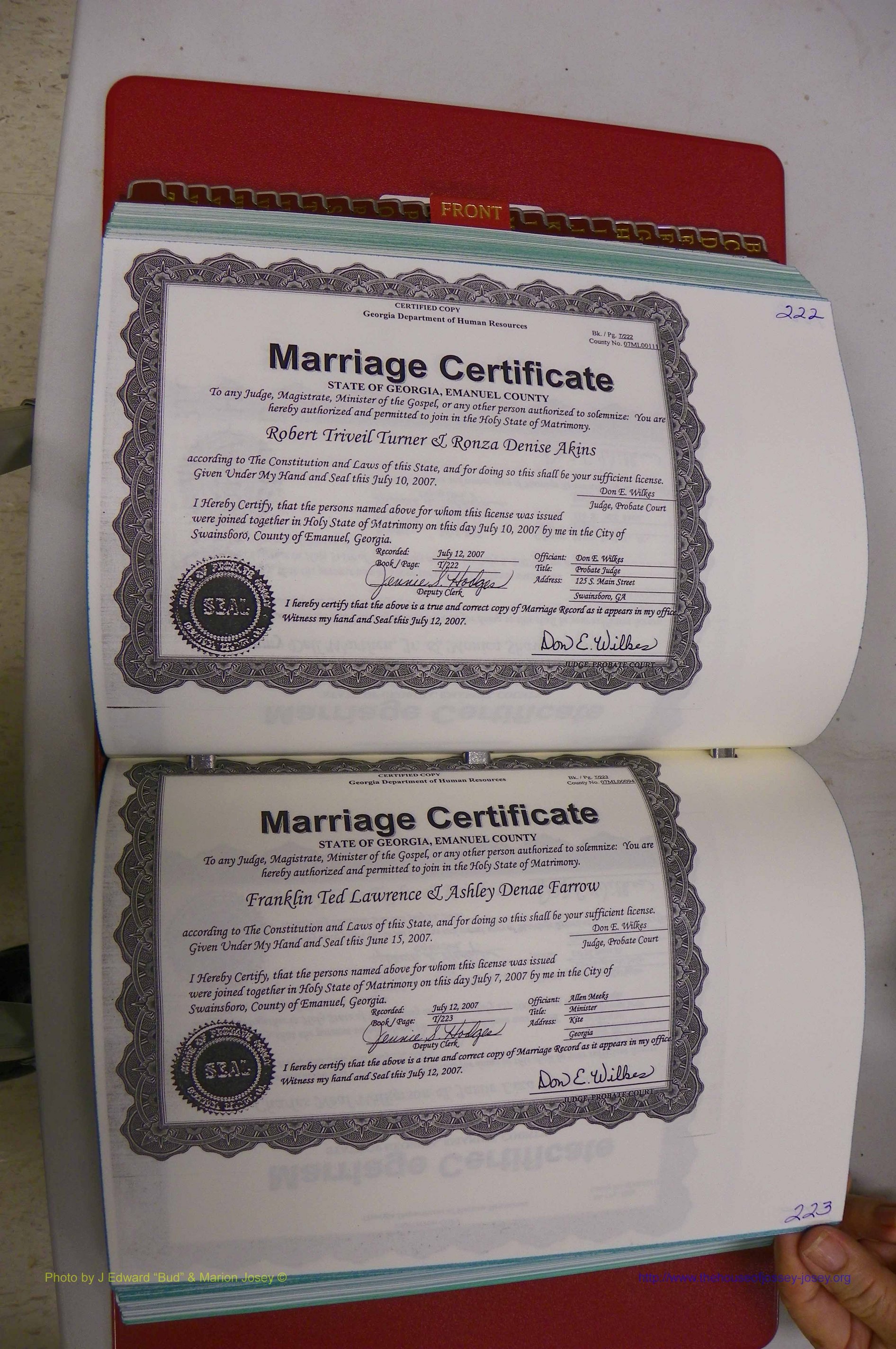Emanuel Co, GA, Marriages Book T, 2006 - 2009, P 222-223.JPG