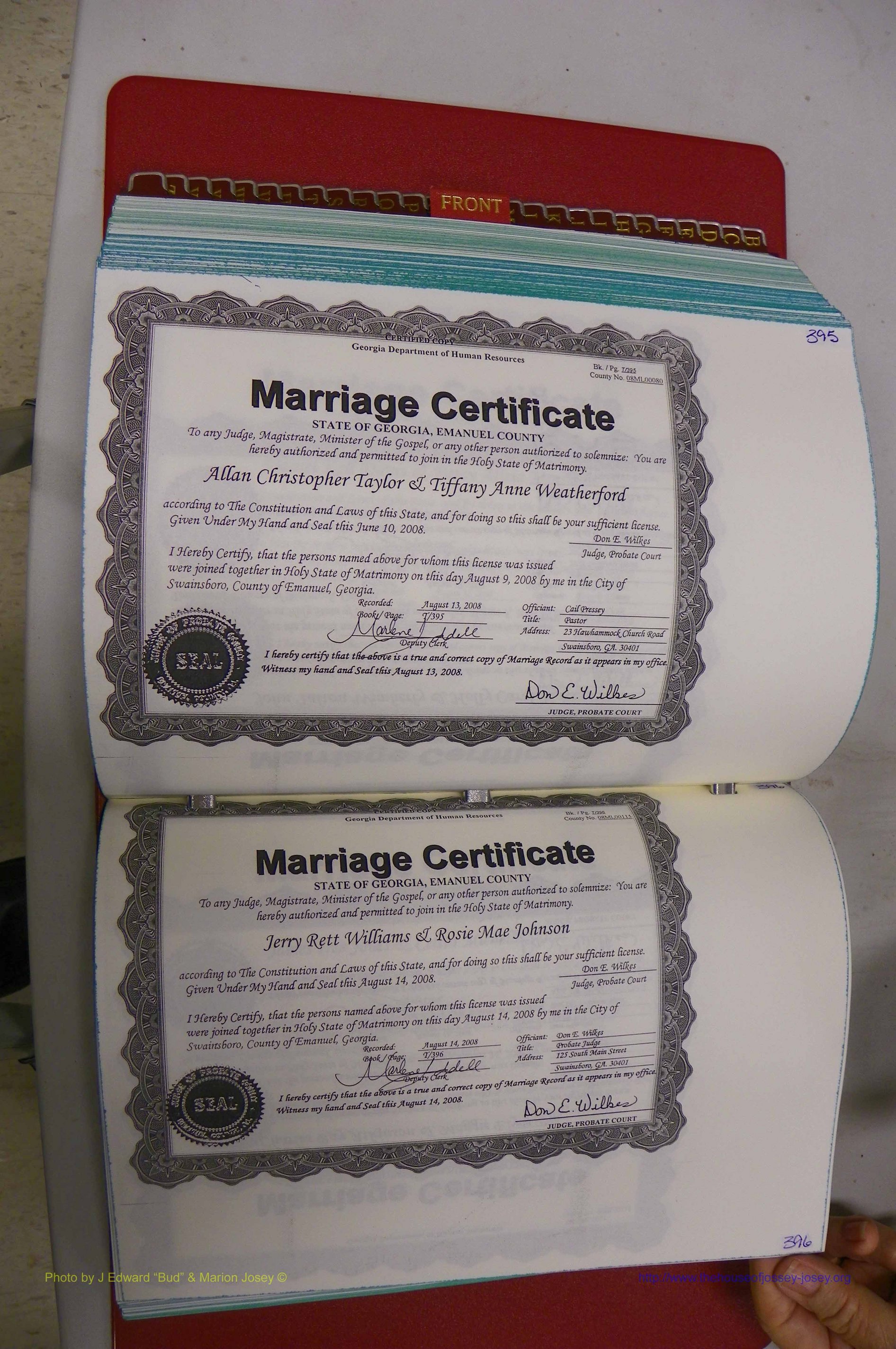 Emanuel Co, GA, Marriages Book T, 2006 - 2009, P 395-396.JPG