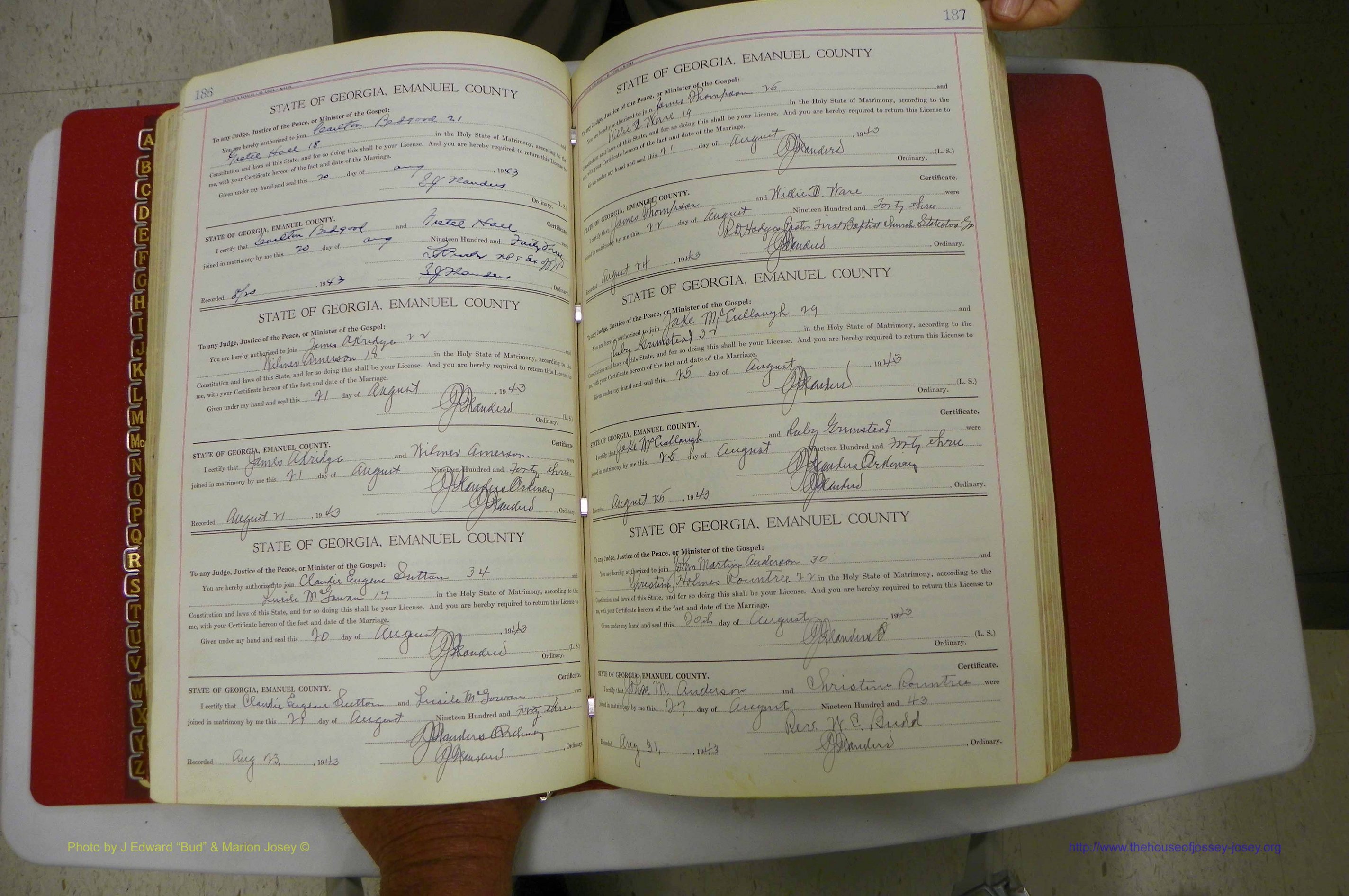 Emanuel Co, Ga, Marriages Book I, 1940 - 1949, White, P 186-187.JPG