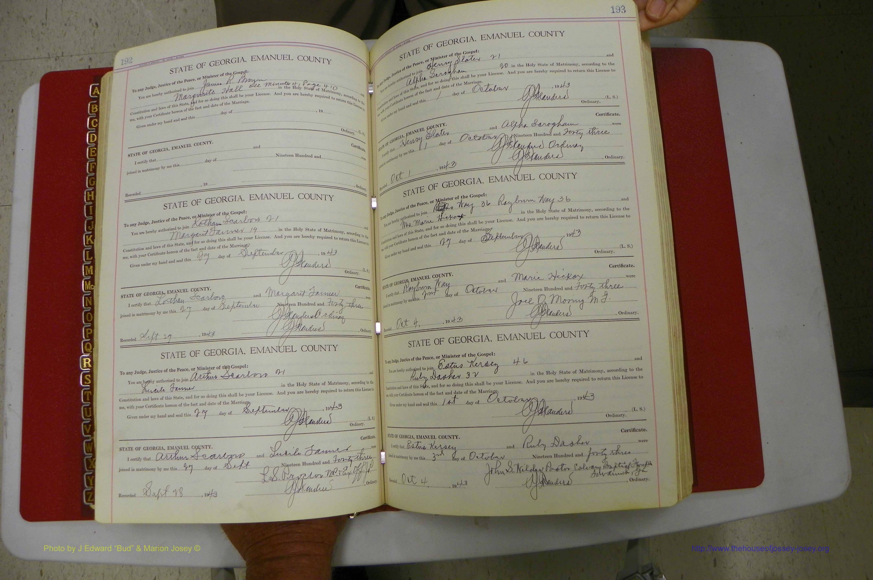Emanuel Co, Ga, Marriages Book I, 1940 - 1949, White, P 192-193.JPG