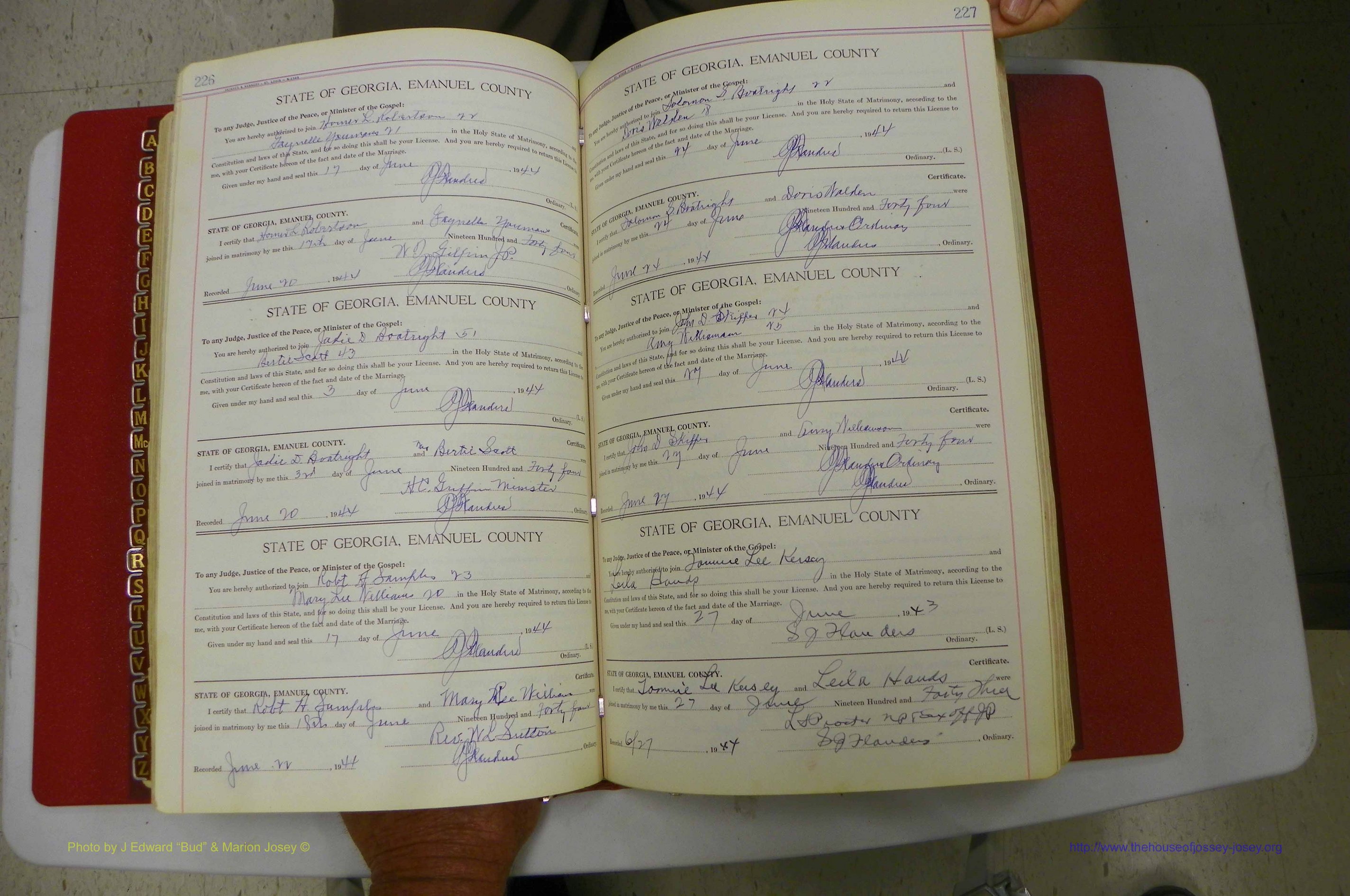 Emanuel Co, Ga, Marriages Book I, 1940 - 1949, White, P 226-227.JPG