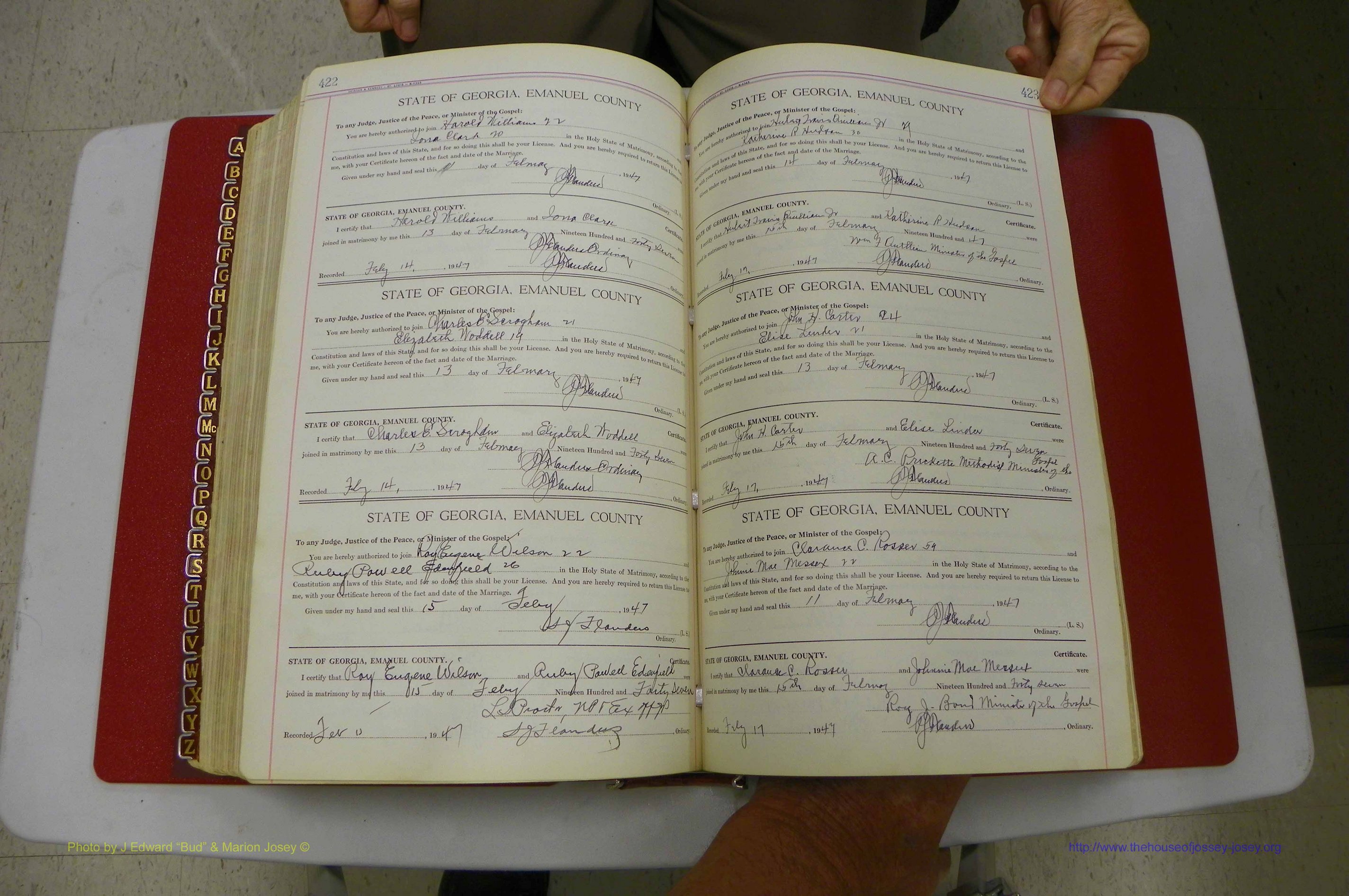 Emanuel Co, Ga, Marriages Book I, 1940 - 1949, White, P 422-423.JPG