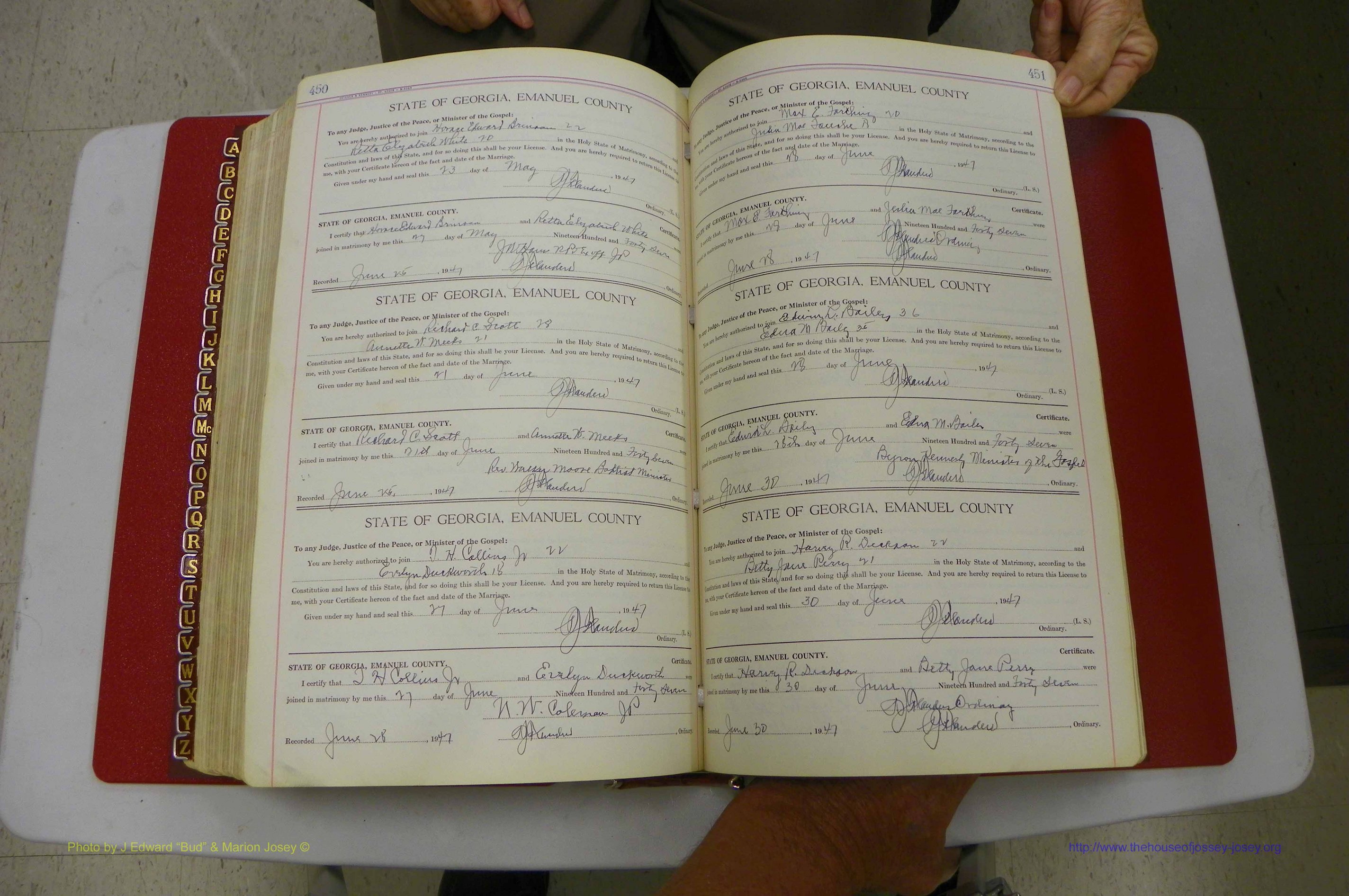 Emanuel Co, Ga, Marriages Book I, 1940 - 1949, White, P 450-451.JPG