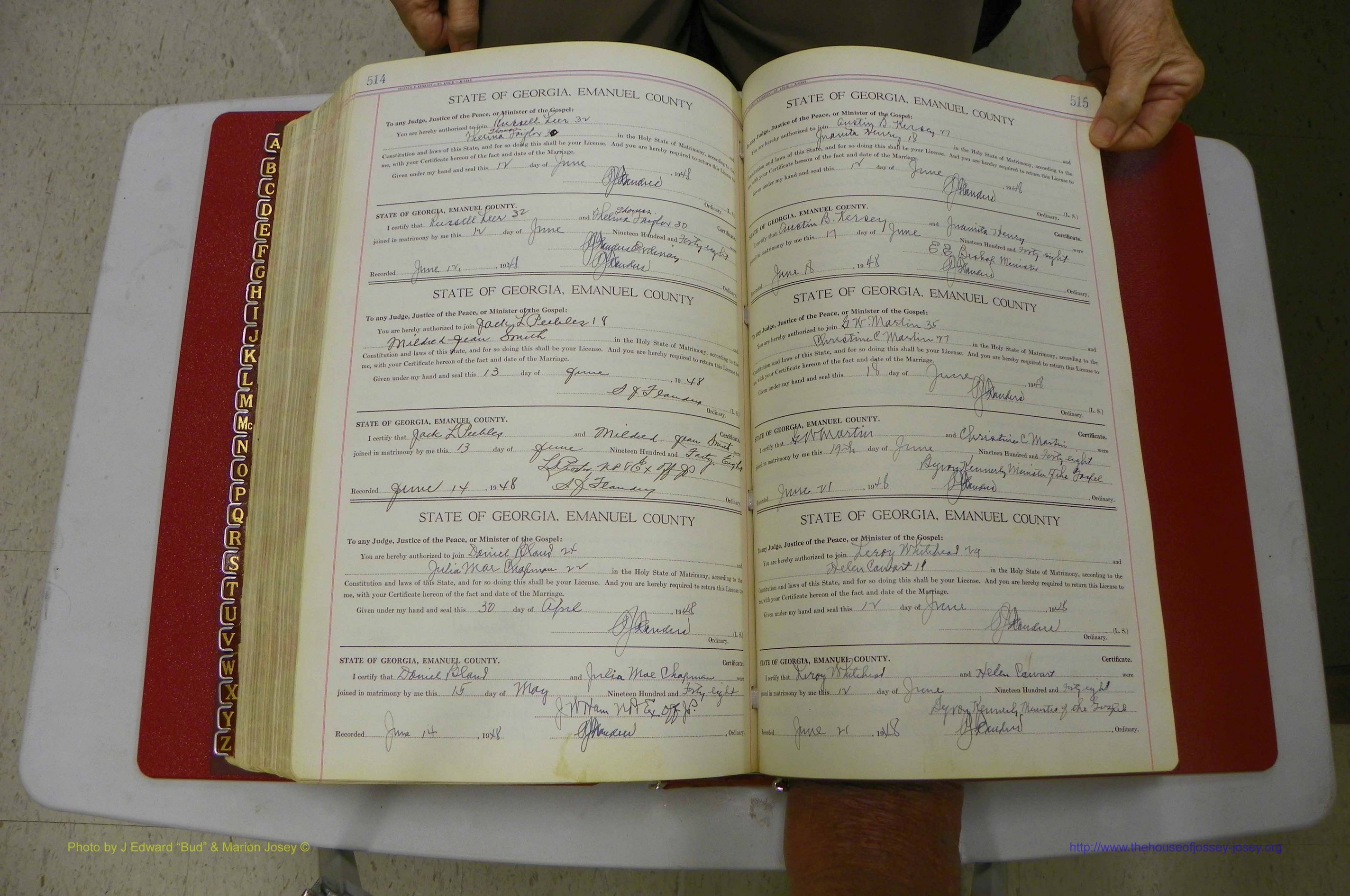 Emanuel Co, Ga, Marriages Book I, 1940 - 1949, White, P 514-515.JPG