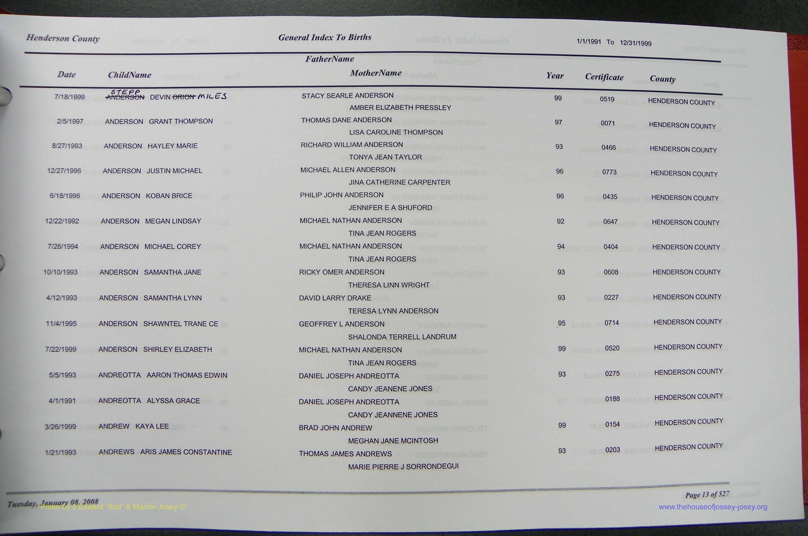 Henderson Co, NC, Births A - Z, 1991 - 1999, (014).JPG