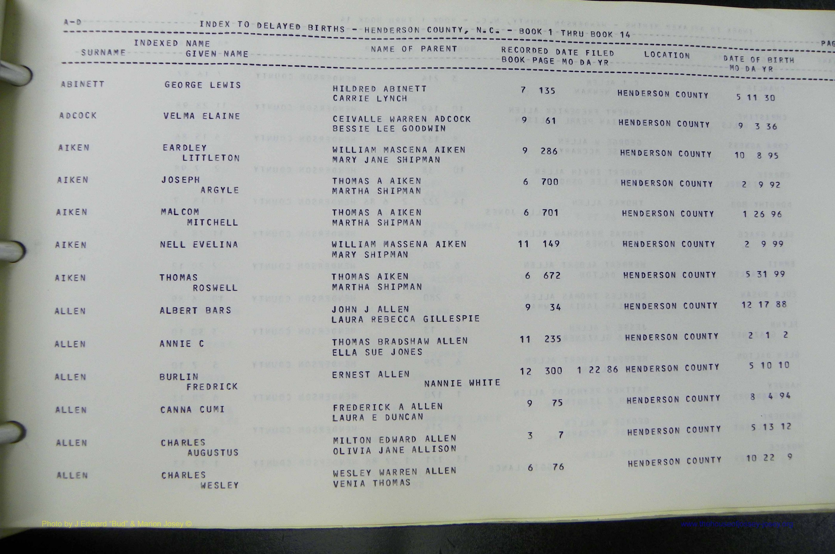 Henderson Co, NC, Births, Delayed, (004).JPG