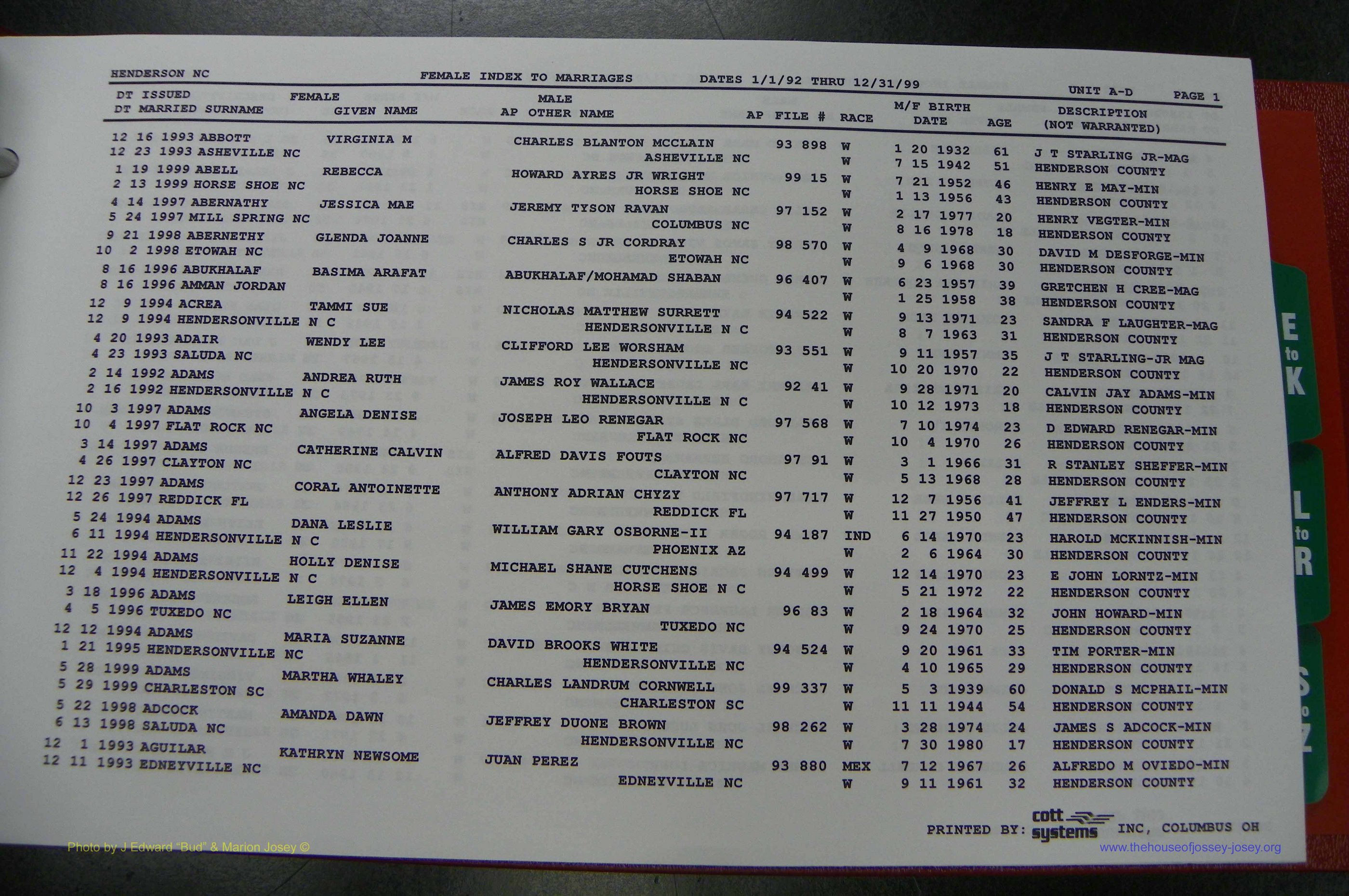 Henderson Co, NC, Marriages Female, 1992 - 1999, (007).JPG