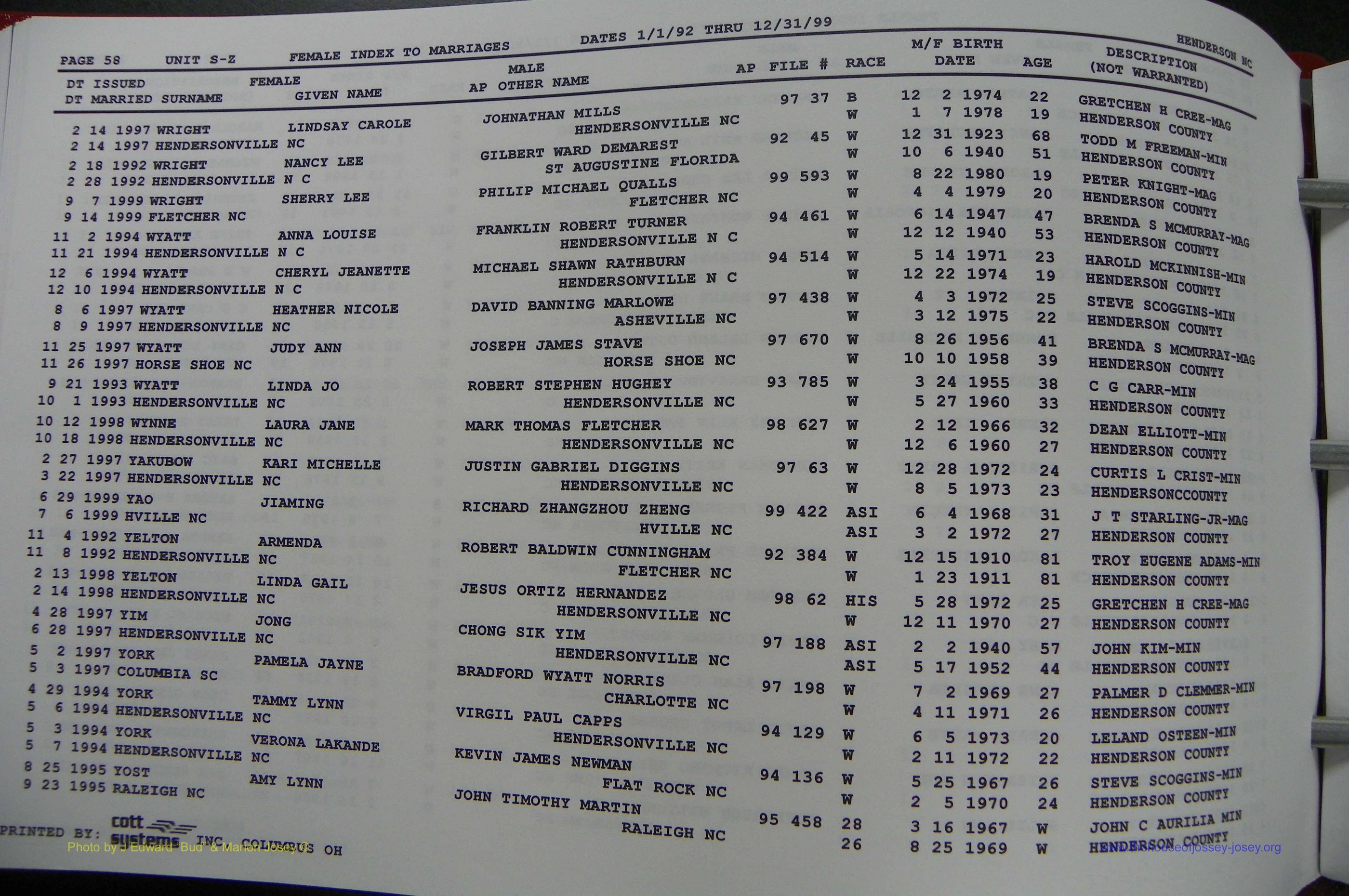 Henderson Co, NC, Marriages Female, 1992 - 1999, (302).JPG
