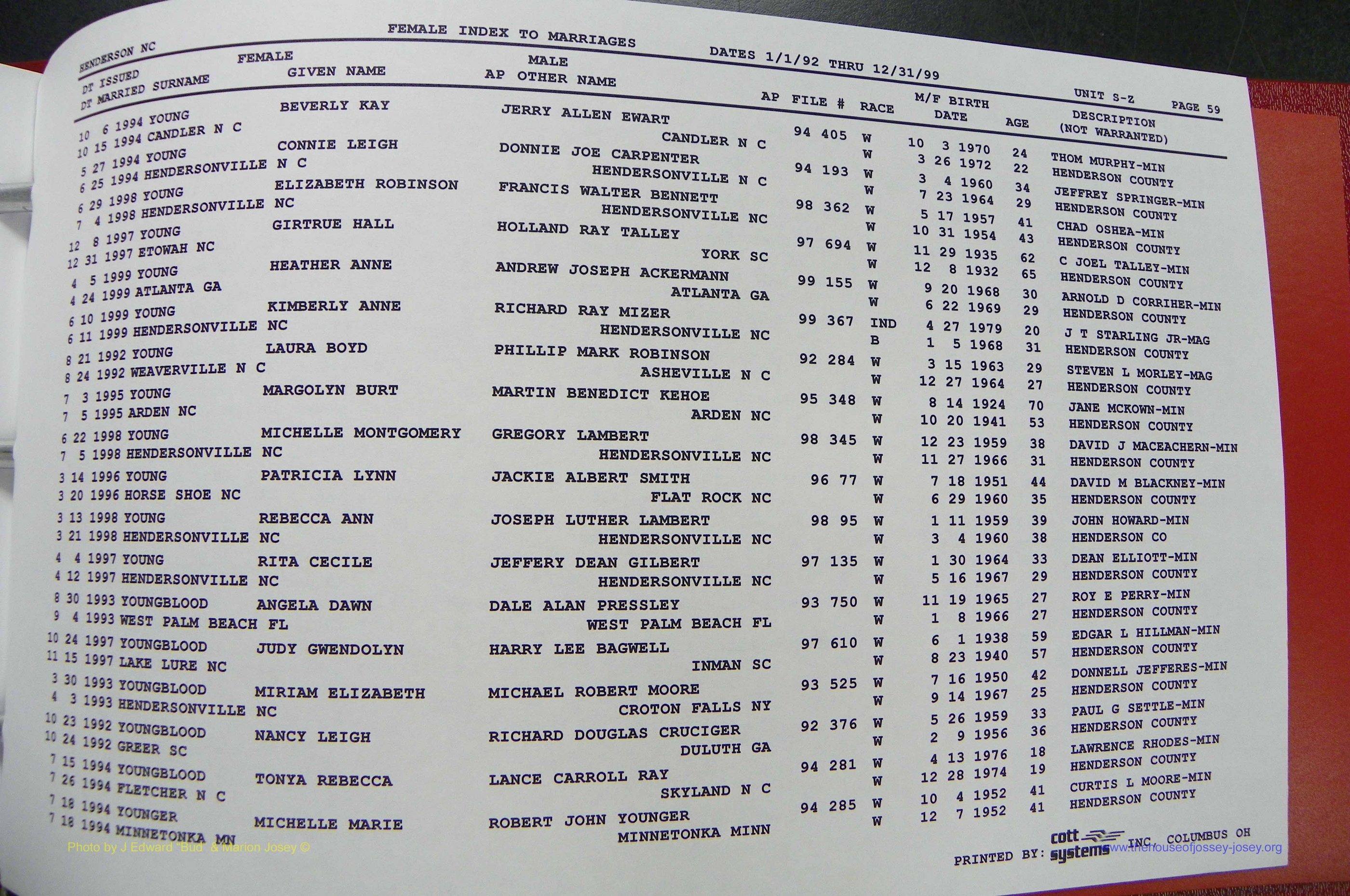 Henderson Co, NC, Marriages Female, 1992 - 1999, (303).JPG