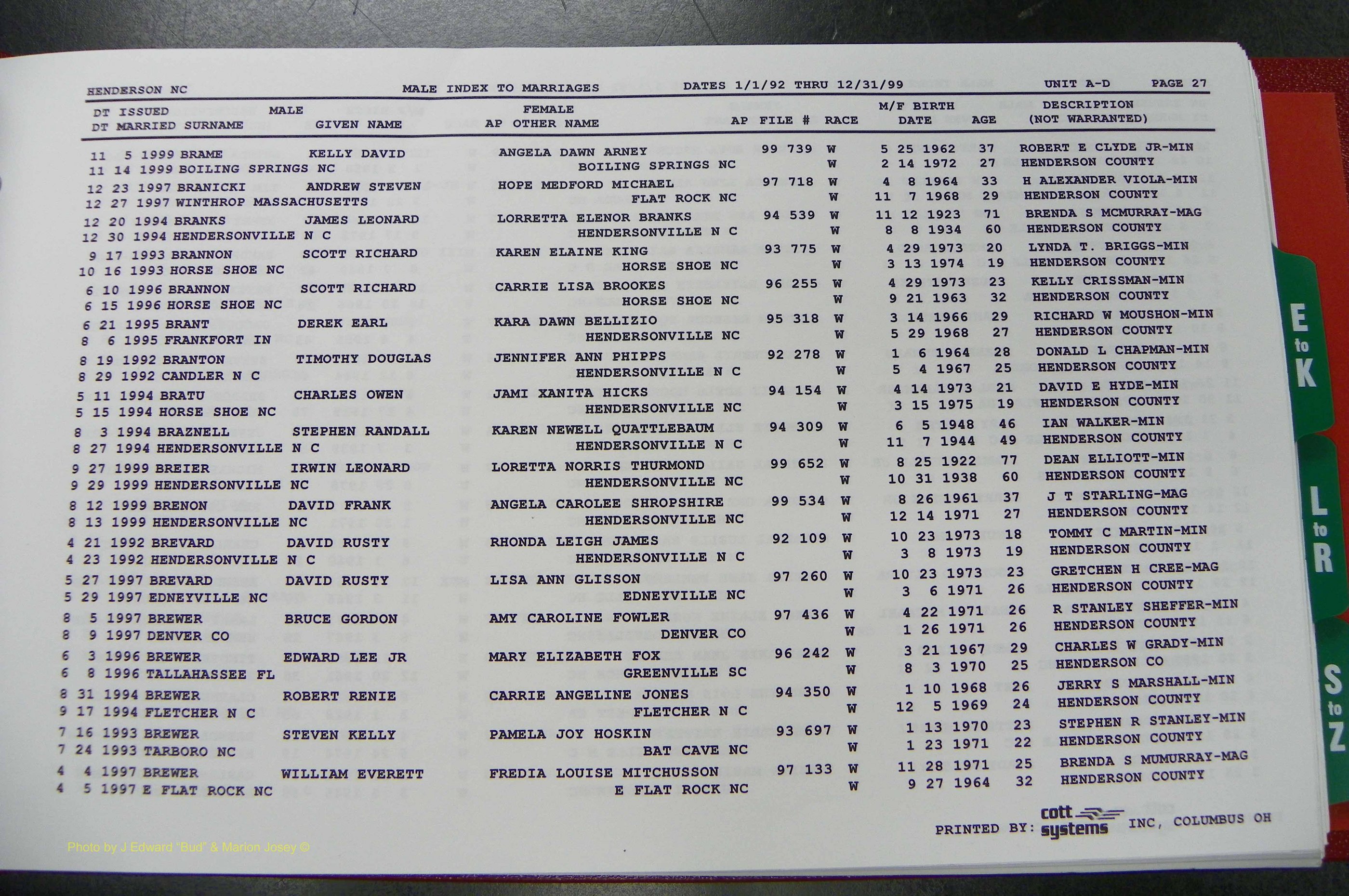 Henderson Co, NC, Marriages Male, A - Z, 1992 - 1999, (033).JPG