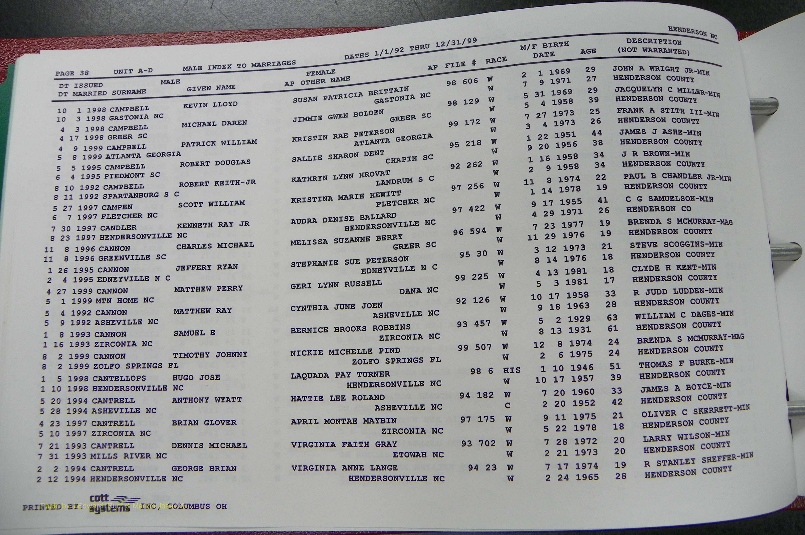 Henderson Co, NC, Marriages Male, A - Z, 1992 - 1999, (044).JPG