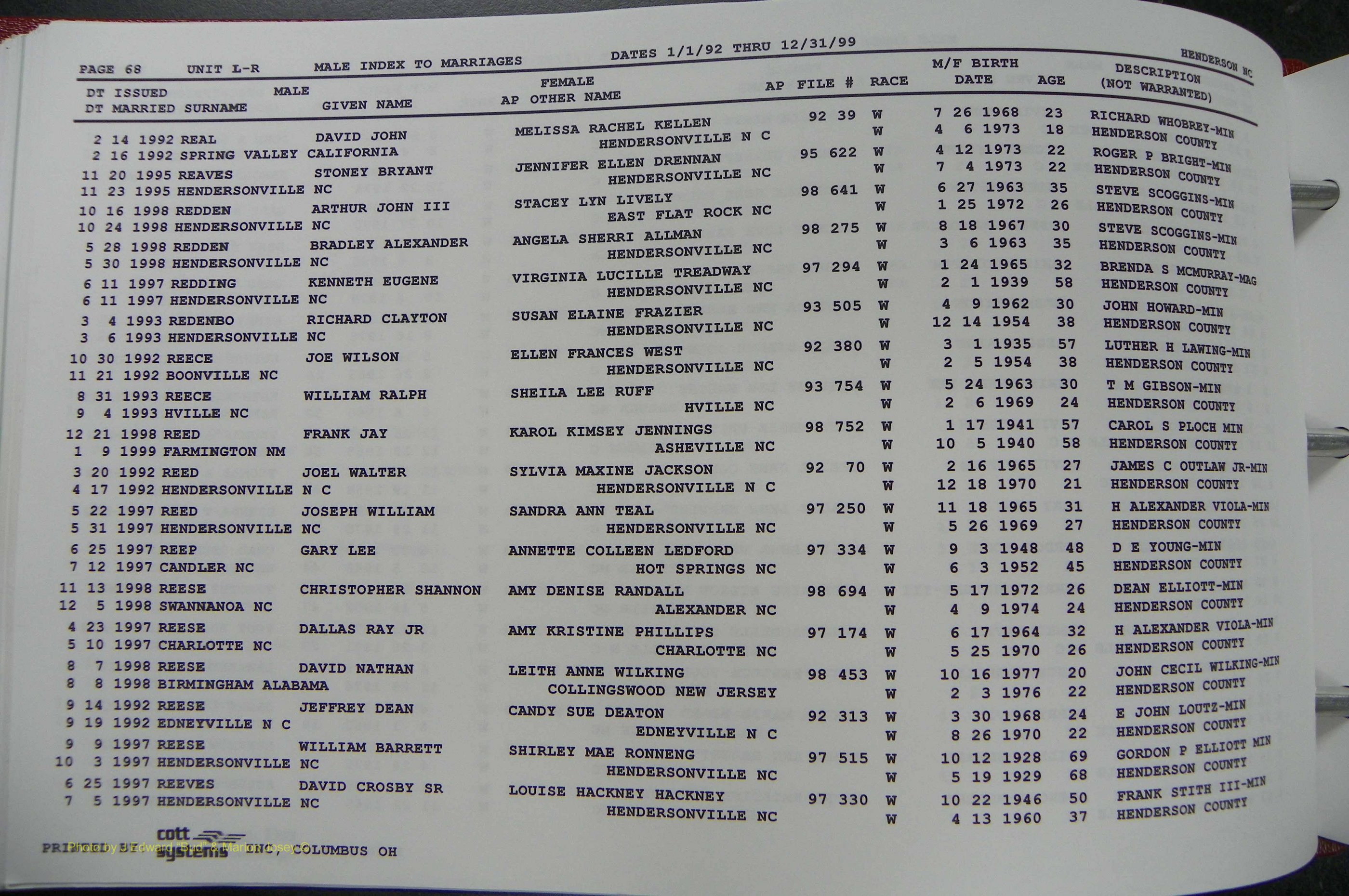 Henderson Co, NC, Marriages Male, A - Z, 1992 - 1999, (227).JPG