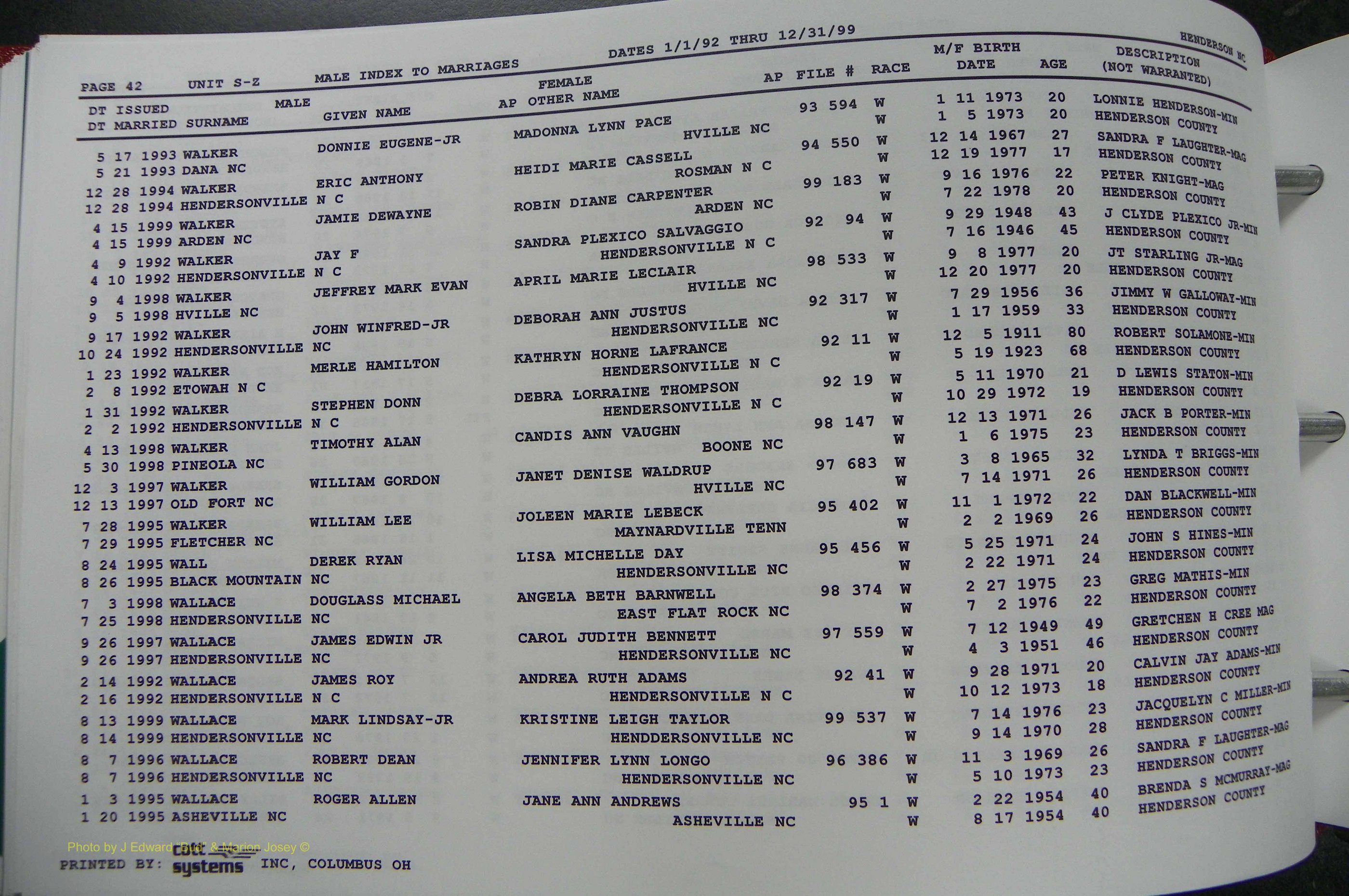Henderson Co, NC, Marriages Male, A - Z, 1992 - 1999, (286).JPG